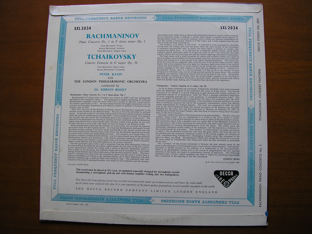 RACHMANINOV: PIANO CONCERTO No. 1 / TCHAIKOVSKY: CONCERT FANTASIA KATIN / LPO / BOULT SXL 2034