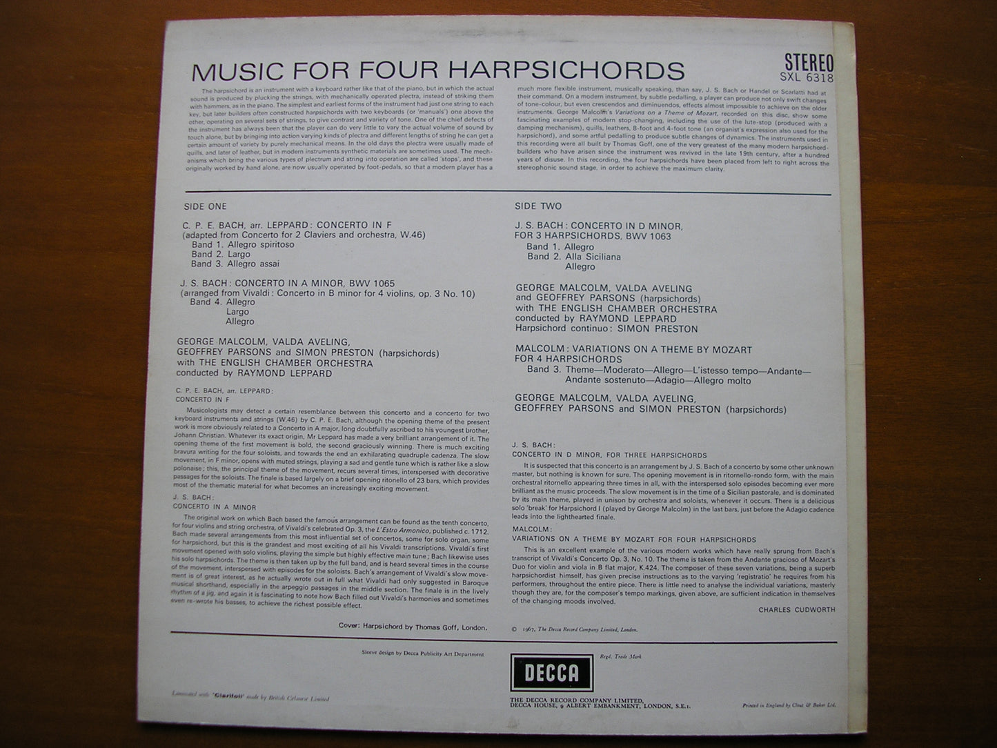 SXL 6318 BACH JS / BACH CPE / VIVALDI / LEPPARD: MUSIC FOR FOUR HARPSICHORDS SOLOISTS / ENGLISH CHAMBER ORCHESTRA / LEPPARD ED2