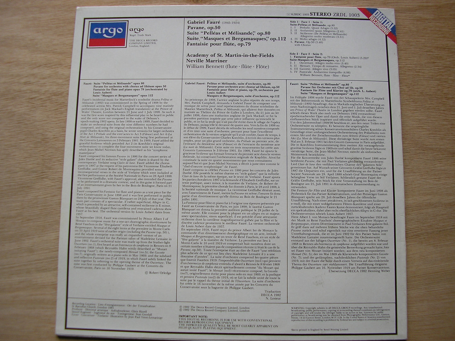 FAURE: PELLEAS & MELISANDE Suite / MASQUES ET BERGAMASQUES / PAVANE / FANTAISIE ASMIF / MARRINER ZRDL 1003