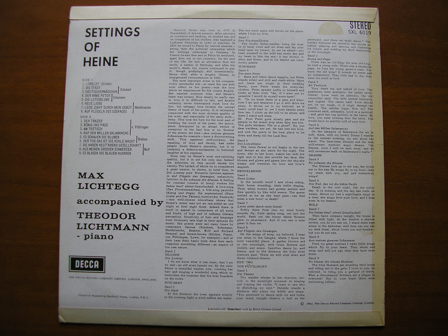 SXL 6019 SONGS TO HEINE TEXTS: BRAHMS / WOLF / SCHUBERT / MENDELSSOHN LICHTEGG / LICHTMANN ED1