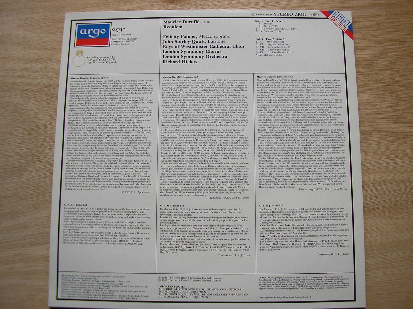 DURUFLE: REQUIEM PALMER / SHIRLEY-QUIRK / LONDON SYMPHONY / HICKOX ZRDL 1009