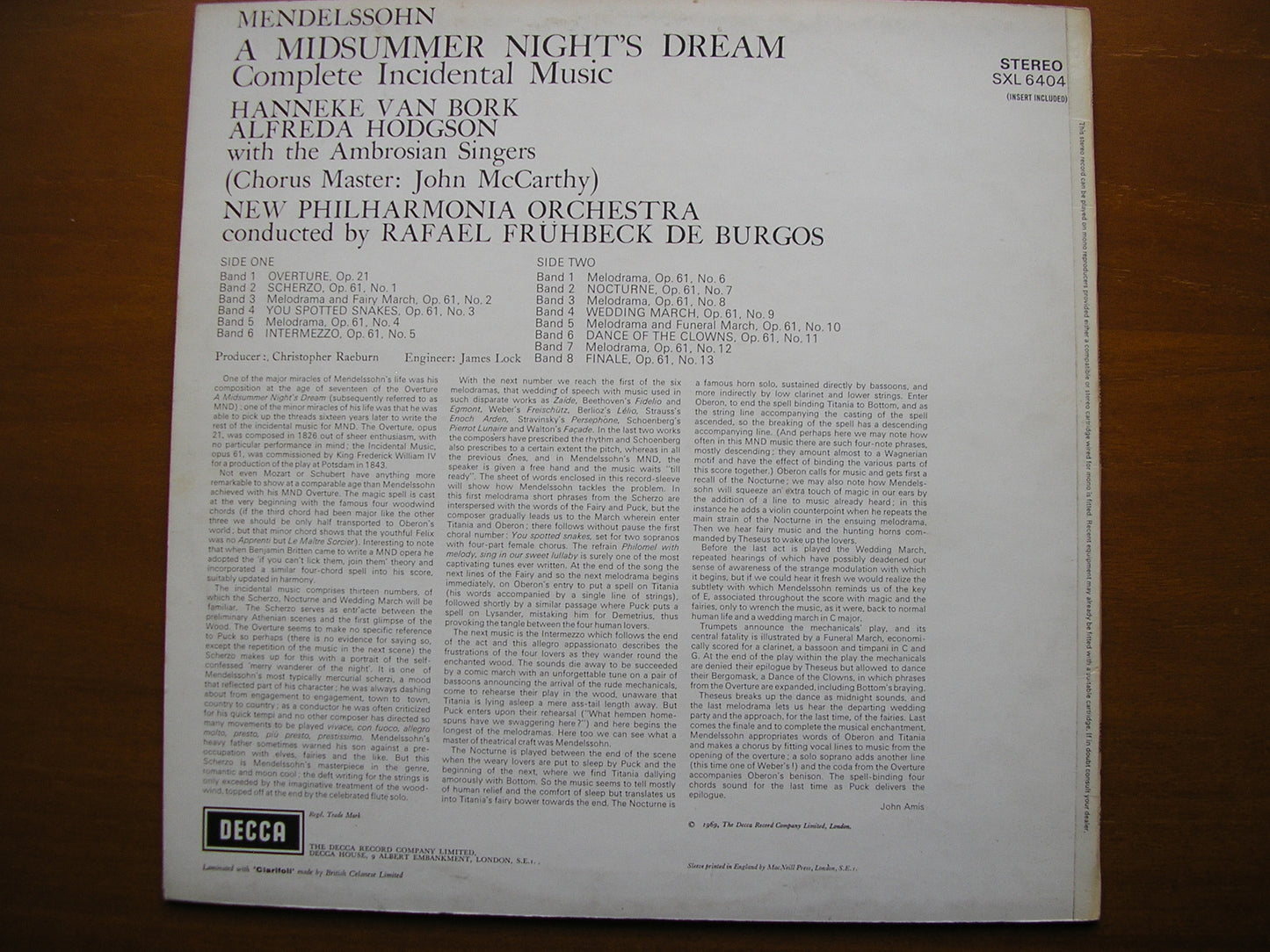 SXL 6404 MENDELSSOHN: A MIDSUMMER NIGHT'S DREAM SOLOISTS / NEW PHILHARMONIA / DE BURGOS ED3