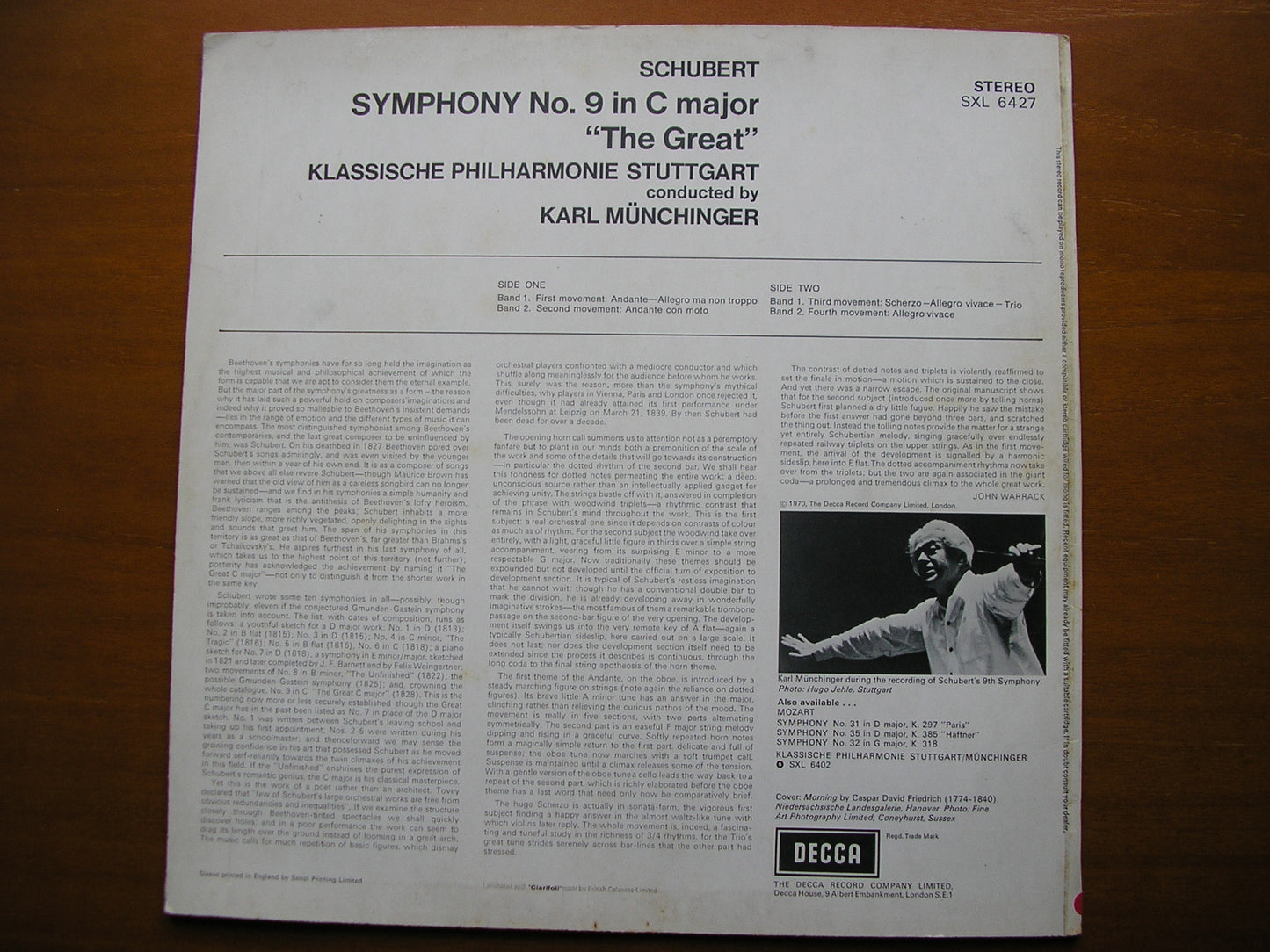 SXL 6427 SCHUBERT: SYMPHONY No. 9 MUNCHINGER / STUTTGART KLASSISCHE PHILHARMONIE ED3
