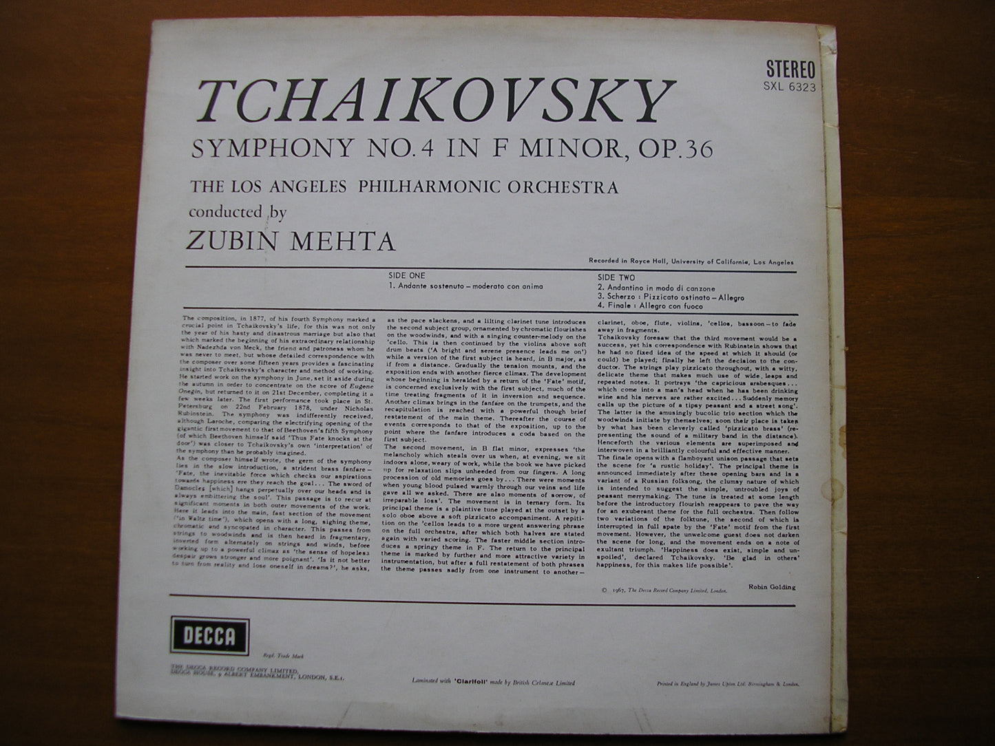 SXL 6323 TCHAIKOVSKY: SYMPHONY No. 4 MEHTA / LOS ANGELES PHILHARMONIC ED2