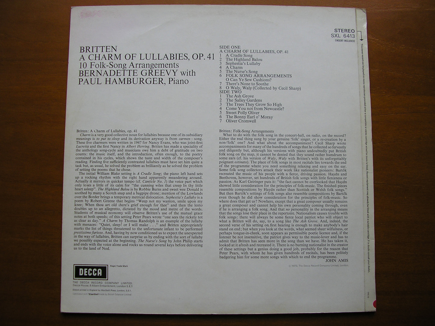 SXL 6413 BRITTEN: A CHARM OF LULLABIES / FOLK SONG ARRANGEMENTS GREEVY / HAMBURGER ED3