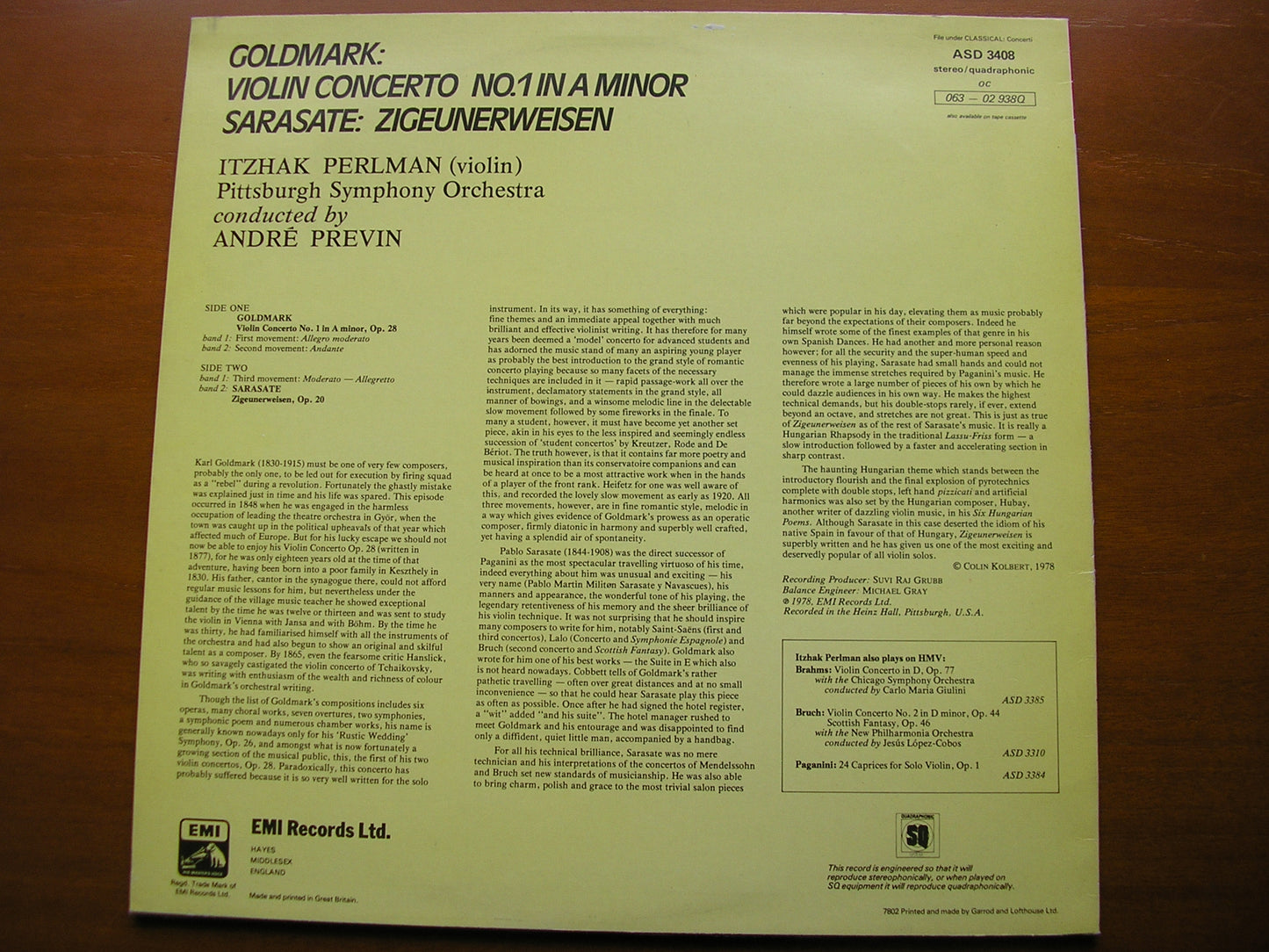 GOLDMARK: VIOLIN CONCERTO / SARASATE: ZIGEUNERWEISEN     PERLMAN / PITTSBURGH SYMPHONY / PREVIN     ASD 3408
