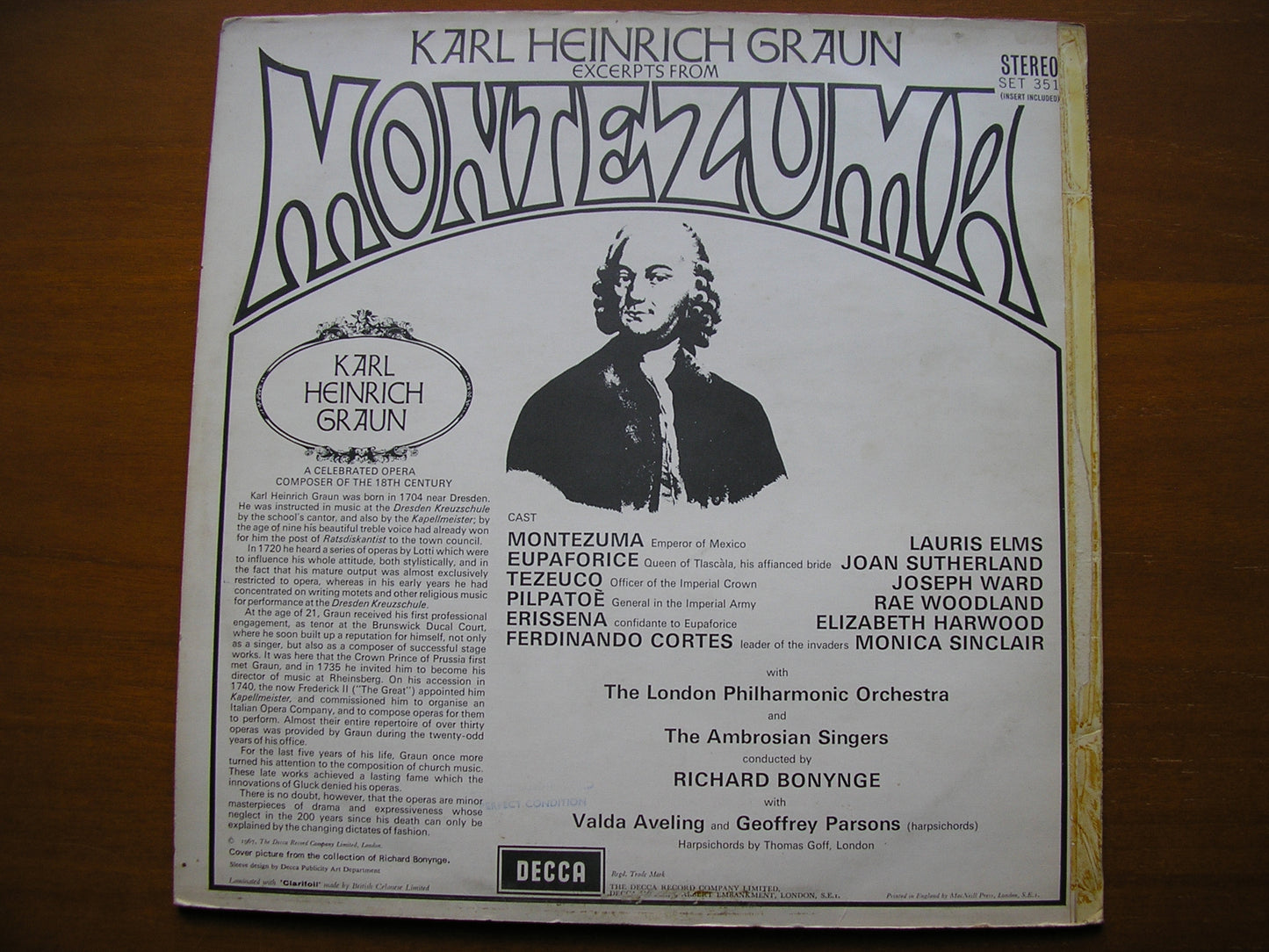 GRAUN: MONTEZUMA (1755) excerpts SOLOISTS / LONDON PHILHARMONIC / BONYNGE SET 351
