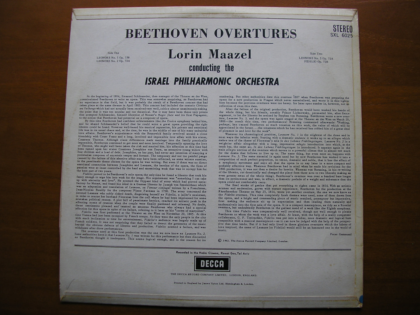 SXL 6025 BEETHOVEN: THE FOUR OVERTURES FOR FIDELIO MAAZEL / ISRAEL PHILHARMONIC ED1