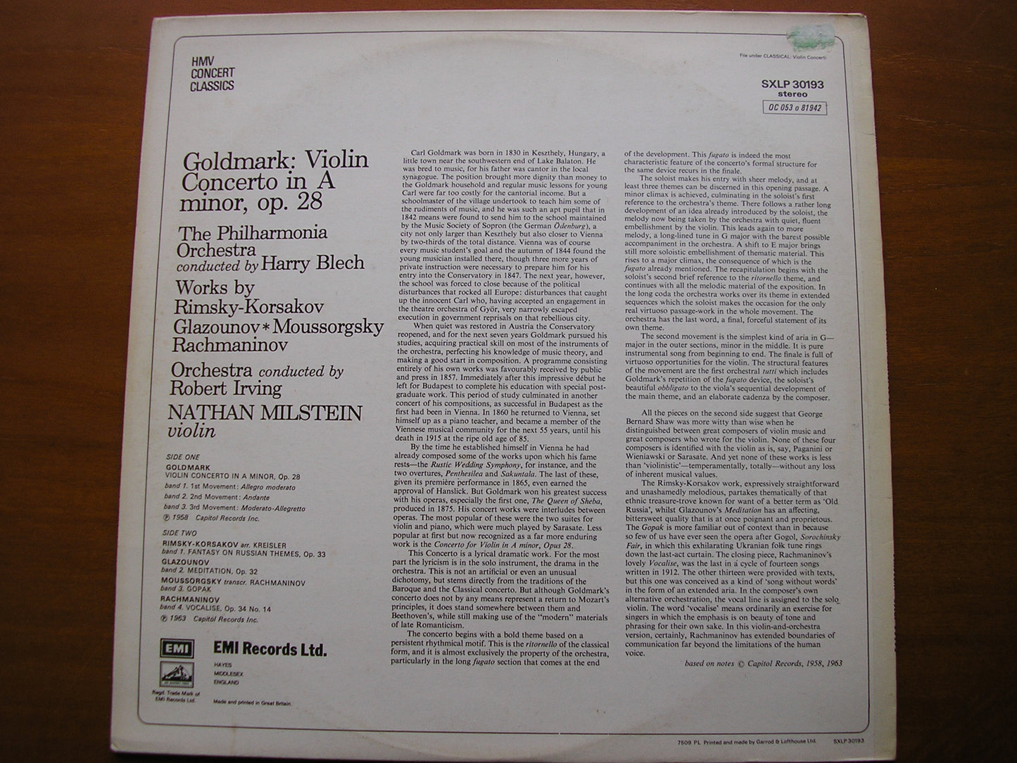GOLDMARK: VIOLIN CONCERTO / RUSSIAN PIECES FOR VIOLIN     MILSTEIN / PHILHARMONIA / BLECH / IRVING     SXLP 30193