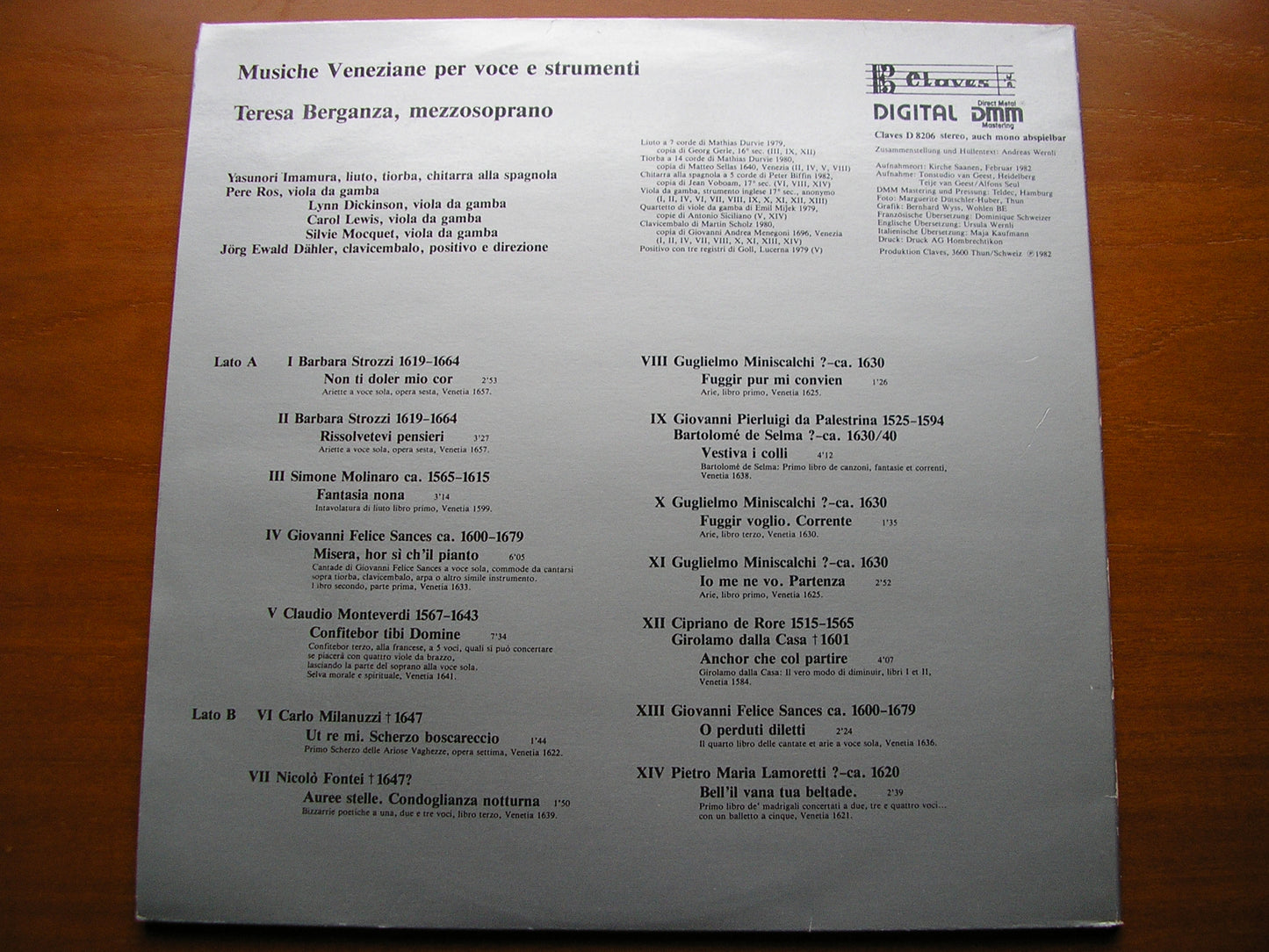 VENETIAN SONGS OF THE 16th & 17th CENTURIES TERESA BERGANZA / INSTRUMENTALISTS / DAHLER D 8206