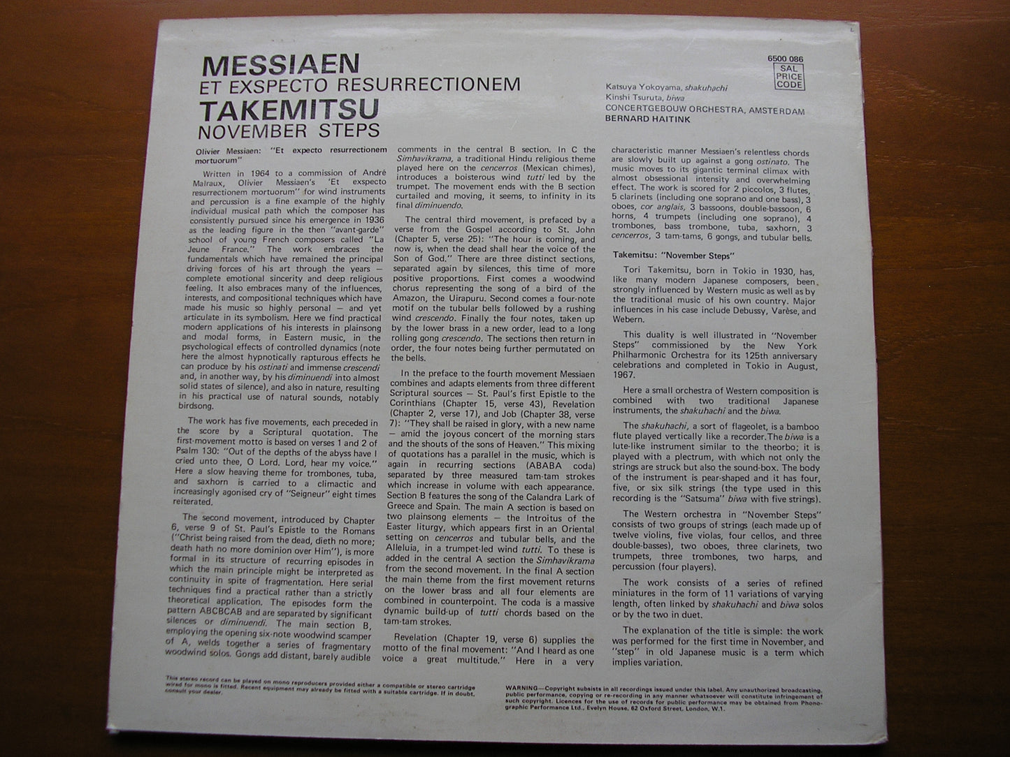 MESSIAEN: ET EXSPECTO RESURRECTIONEM TAKEMITSU: NOVEMBER STEPS SOLOISTS / CONCERTGEBOUW / HAITINK 6500 086