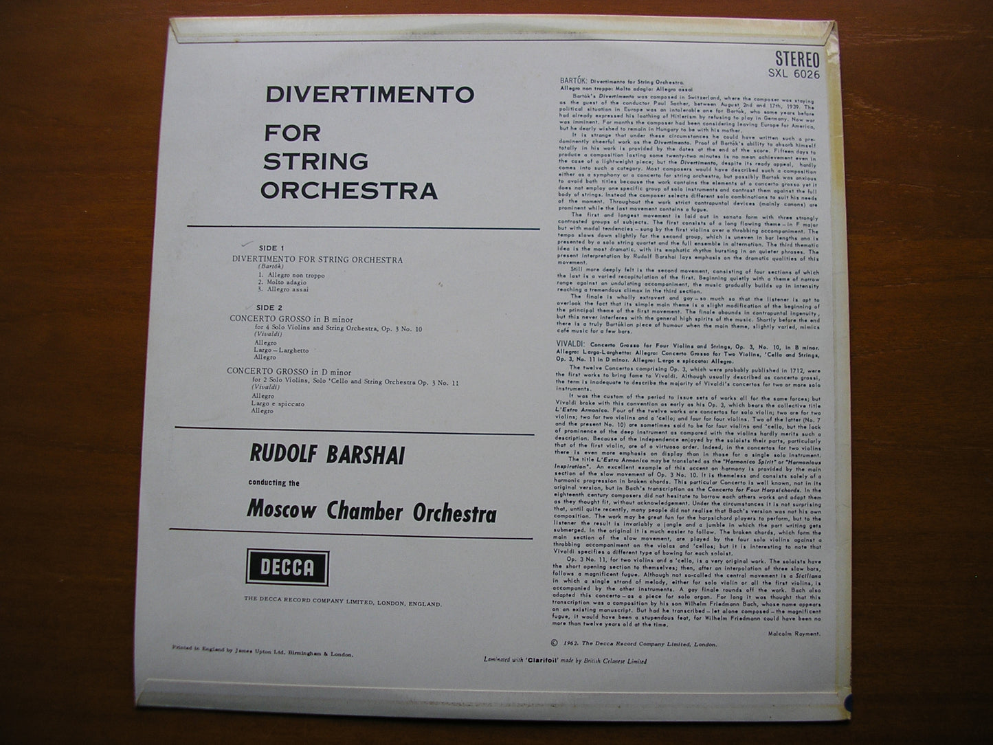 SXL 6026 BARTOK: DIVERTIMENTO / VIVALDI: CONCERTI GROSSI Nos. 10 & 11 BARSHAI / MOSCOW CHAMBER ORCHESTRA ED1