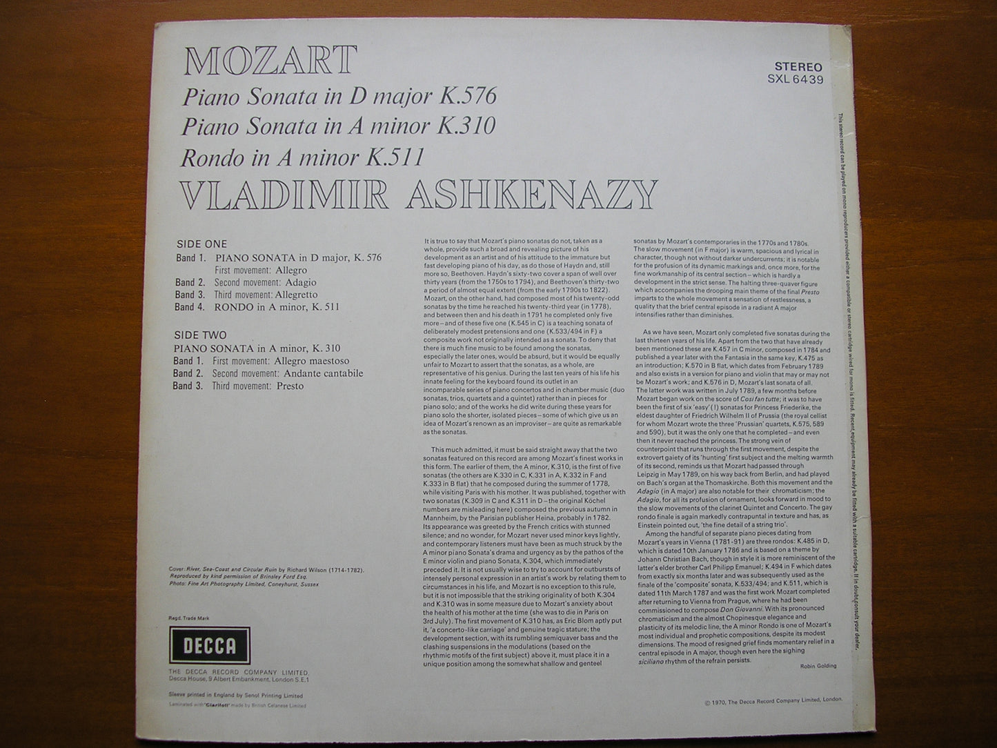 SXL 6439 MOZART: PIANO SONATAS K310 & K576 / RONDO K511 ASHKENAZY ED3