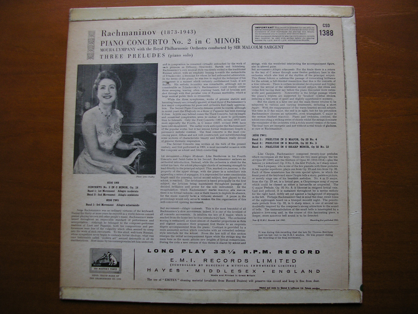 RACHMANINOV: PIANO CONCRTOM No. 2 / THREE PRELUDES LYMPANY / RPYAL PHILHARMONIC / SARGENT CSD 1388