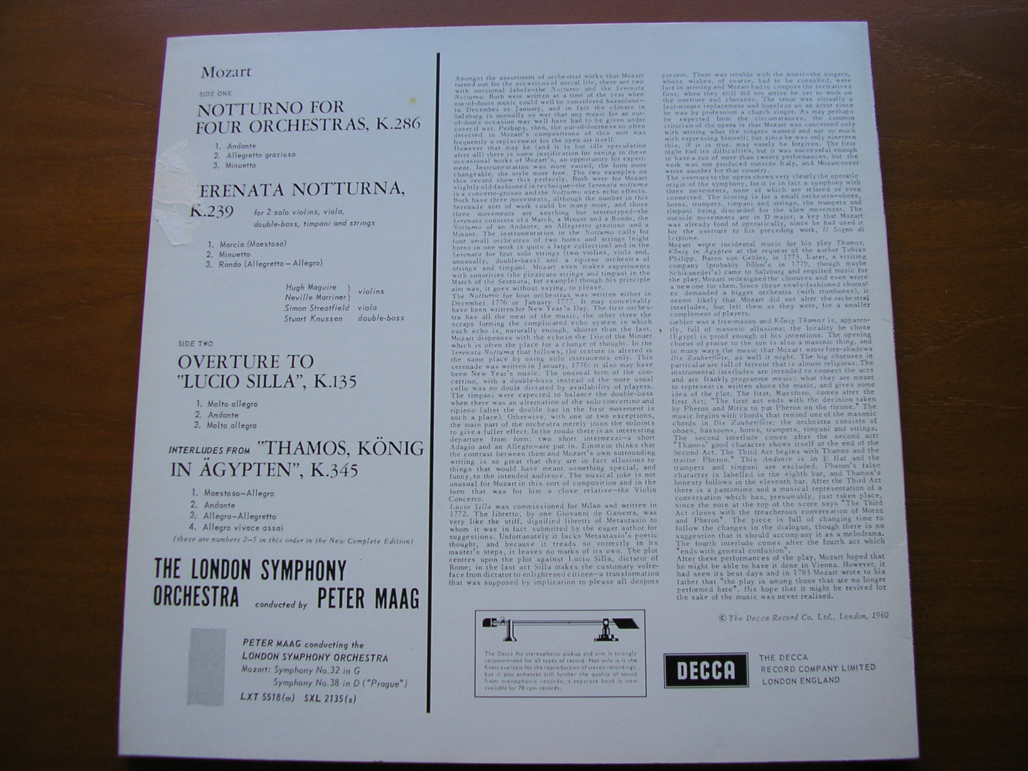 MOZART: NOTTURNO K286 / SERENATA NOTTURNA K239 / THAMOS / OVERTURE Lucio Silla PETER MAAG / LONDON SYMPHONY SXL 2196