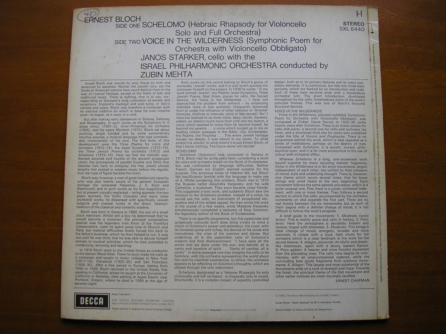 SXL 6440 BLOCH: SCHELOMO / VOICE IN THE WILDERNESS STARKER / ISRAEL PHILHARMONIC ED3
