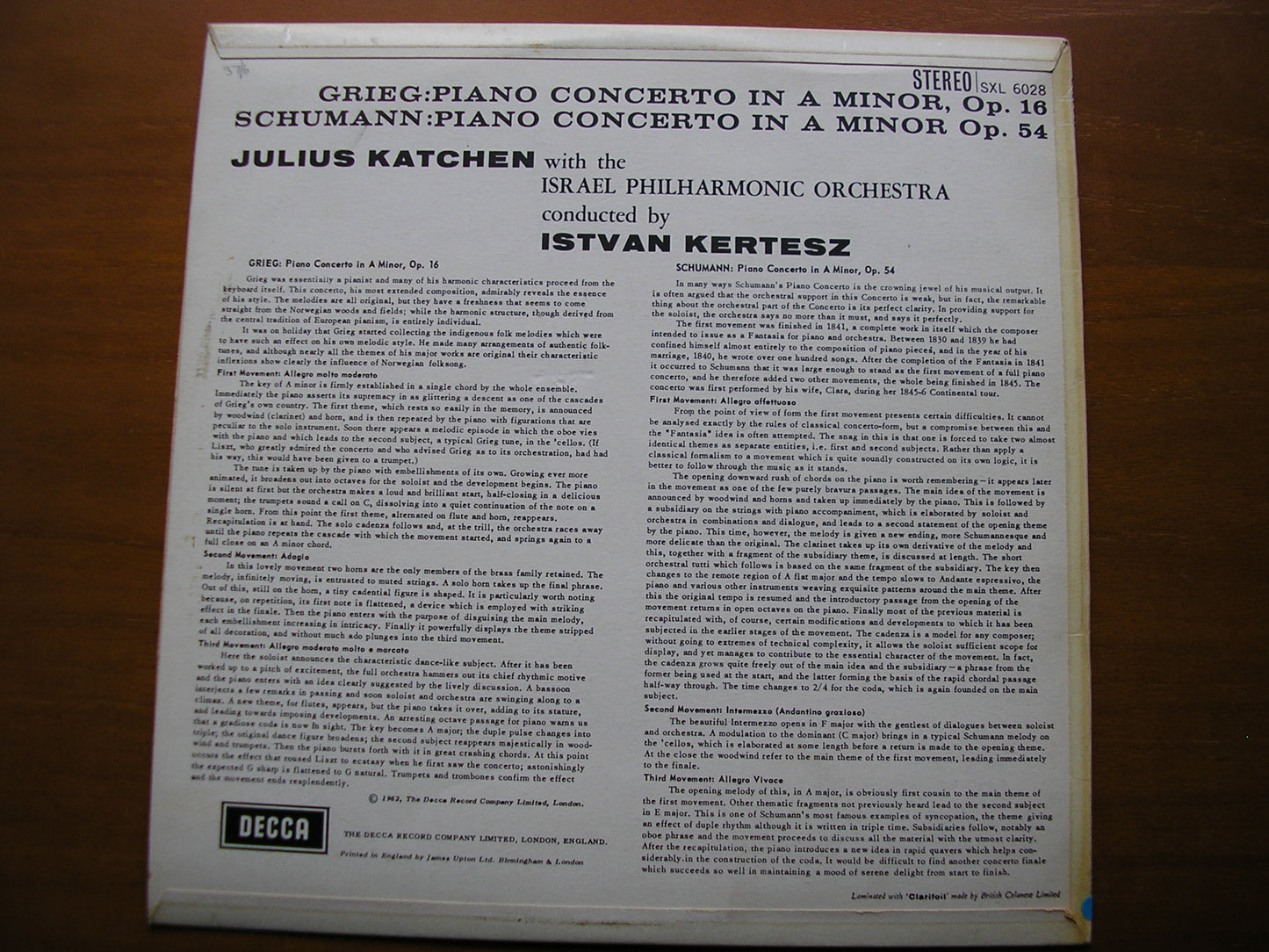 SXL 6028 GRIEG / SCHUMANN: PIANO CONCERTOS KATCHEN / ISRAEL PHILHARMONIC / KERSTESZ ED1