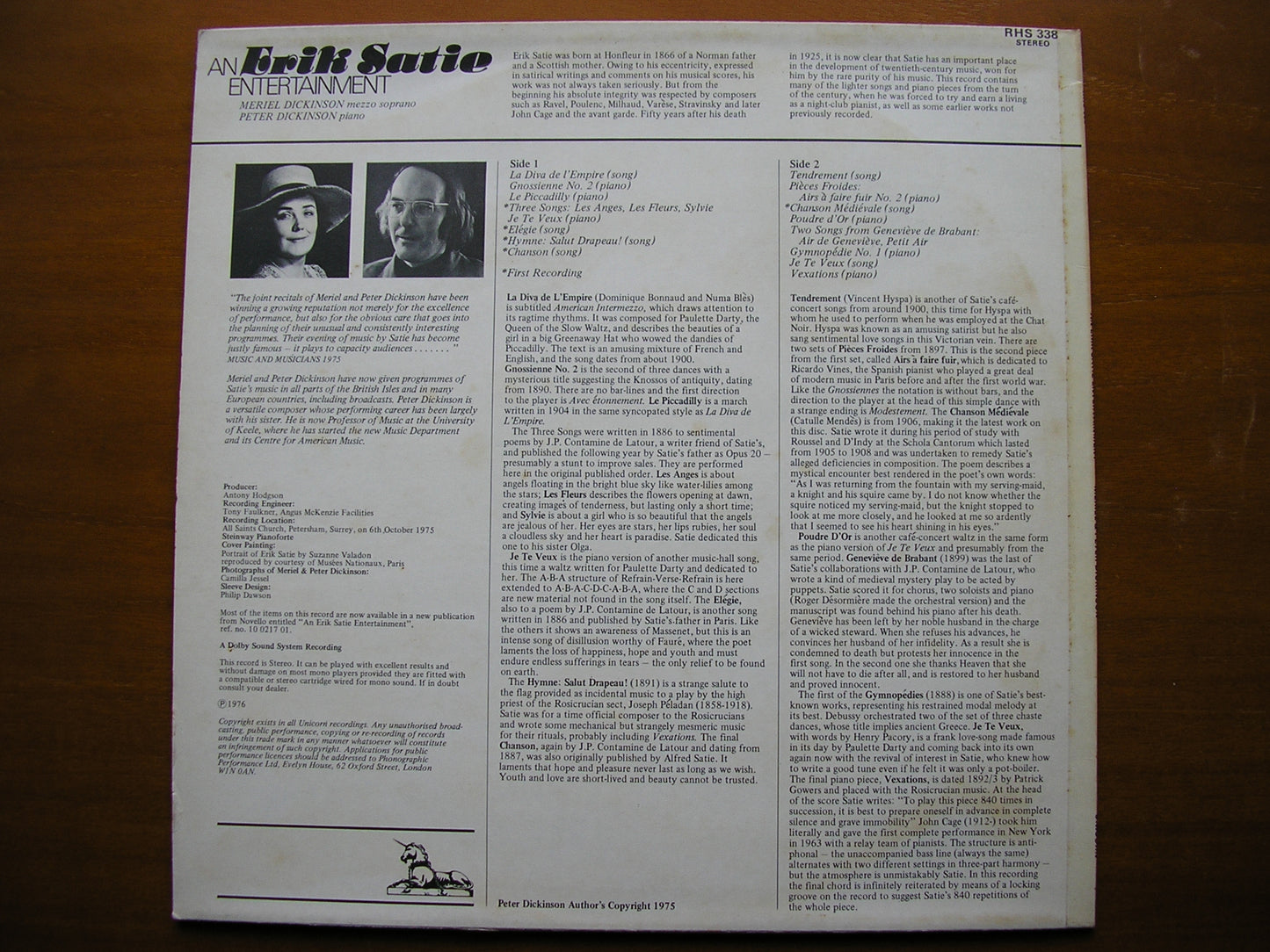 AN ERIK SATIE ENTERTAINMENT: SONGS & PIANO MUSIC MERIEL & PETER DICKINSON RHS 338