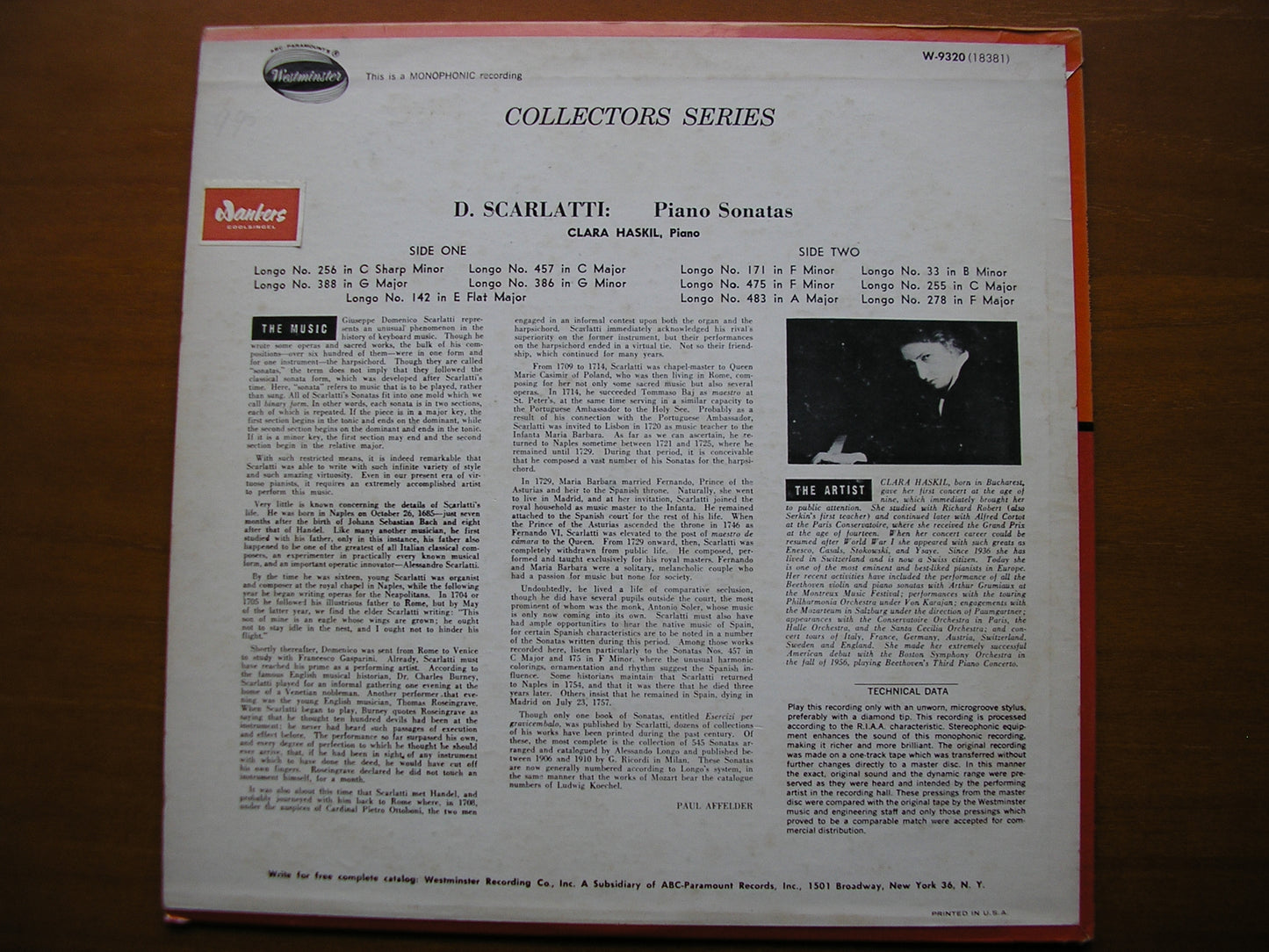 SCARLATTI: ELEVEN KEYBOARD SONATAS CLARA HASKIL W-9320