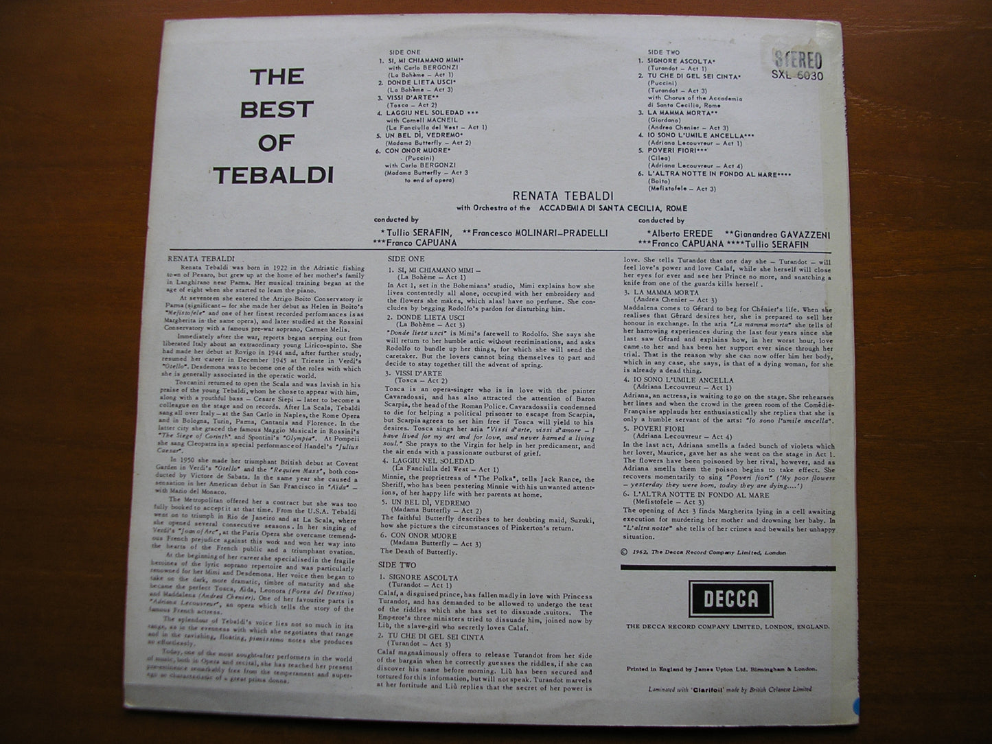 SXL 6030 THE BEST OF TEBALDI: OPERA ARIAS RENATA TEBALDI / SERAFIN / MOLINARI-PRADELLI / CAPUANA ED1
