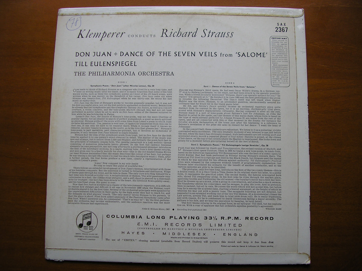 STRAUSS: DON JUAN / TILL EULENSPIEGEL / DANCE OF THE SEVEN VEILS KLEMPERER / PHILHARMONIA SAX 2367