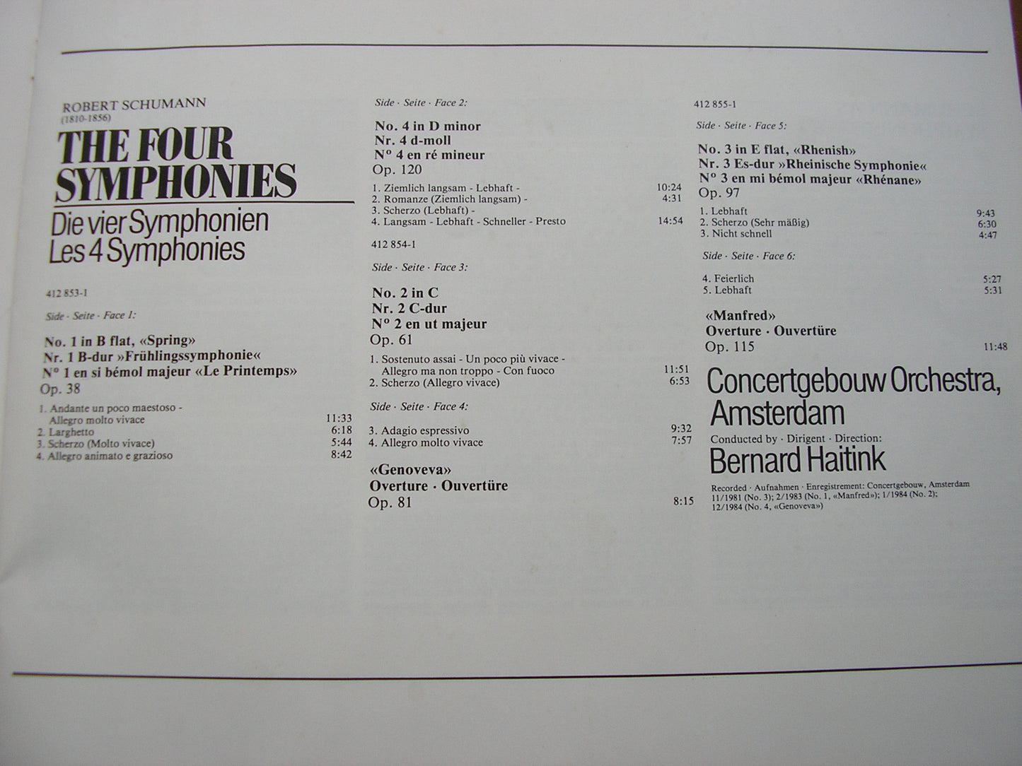 SCHUMANN: THE FOUR SYMPHONIES / TWO OVERTURES      HAITINK / CONCERTGEBOUW ORCHESTRA    3LP    412 852
