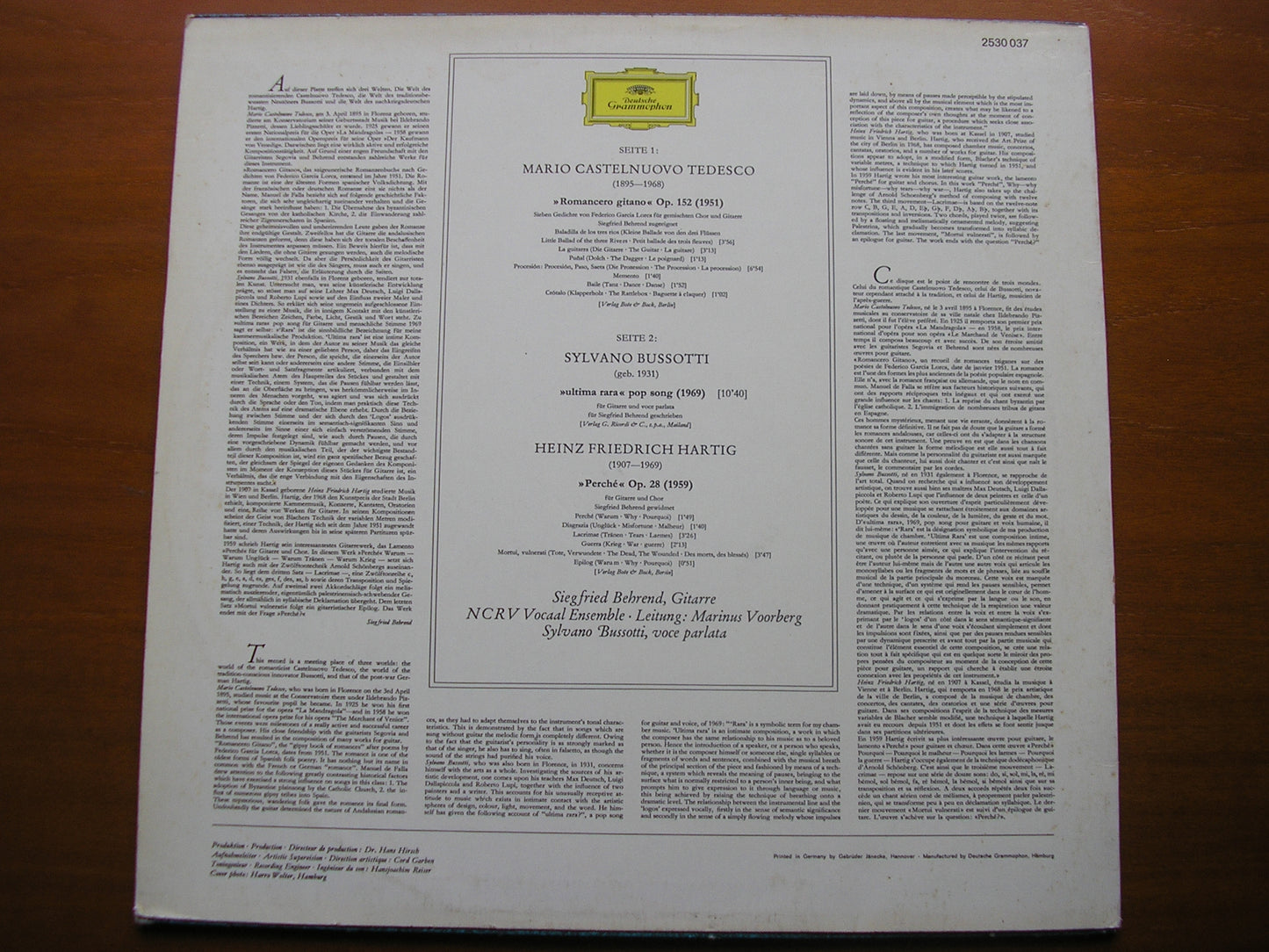 CASTELNUOVO TEDESCO: ROMANCERO GITANO Op. 152 / BUSSOTTI: ULTIMA RARA / HARTIG: PERCHE Op. 28 BEHREND / NCRV VOCAAL ENSEMBLE / VOORBERG 2530 037