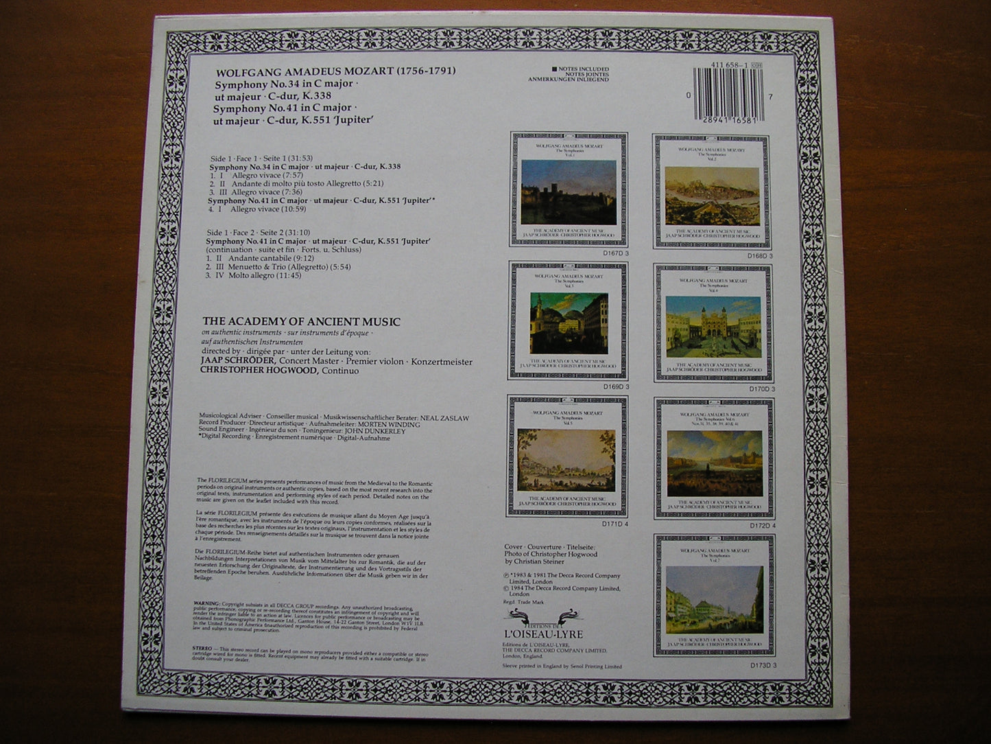 MOZART: SYMPHONIES Nos. 34 & 41 'Jupiter' HOGWOOD / SCHRODER / THE ACADEMY OF ANCIENT MUSIC 411 658