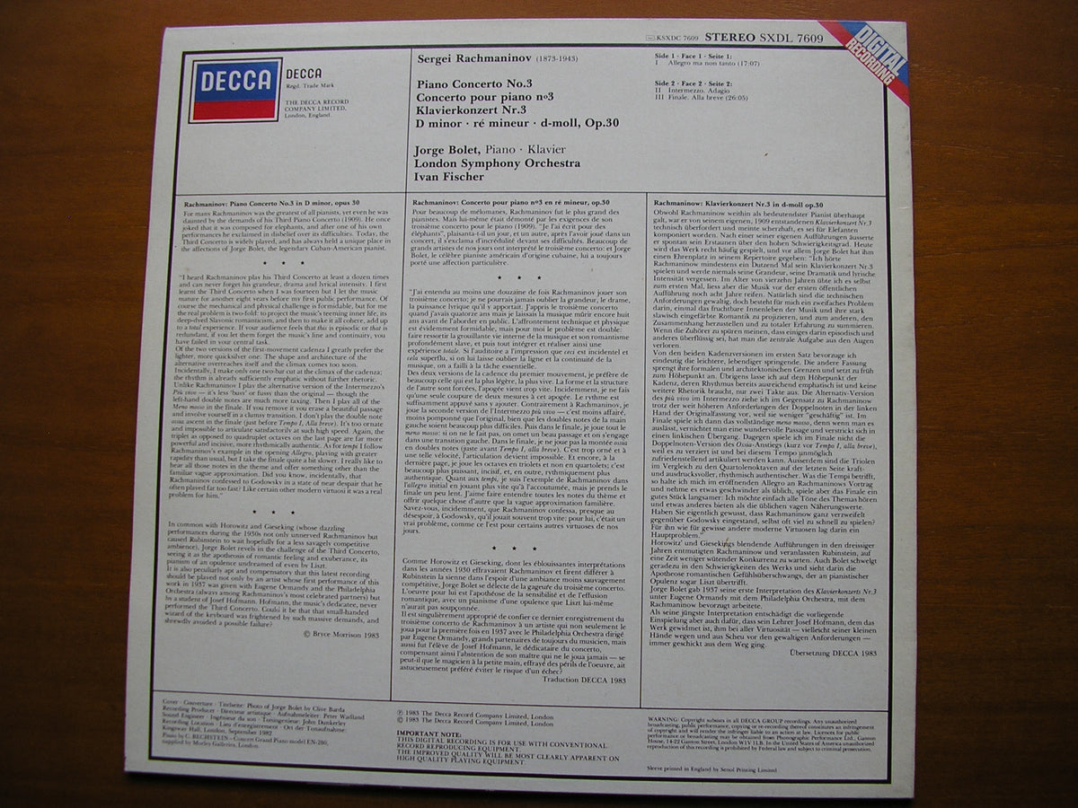 RACHMANINOV: PIANO CONCERTO No. 3 BOLET / LONDON SYMPHONY / FISCHER SXDL 7609