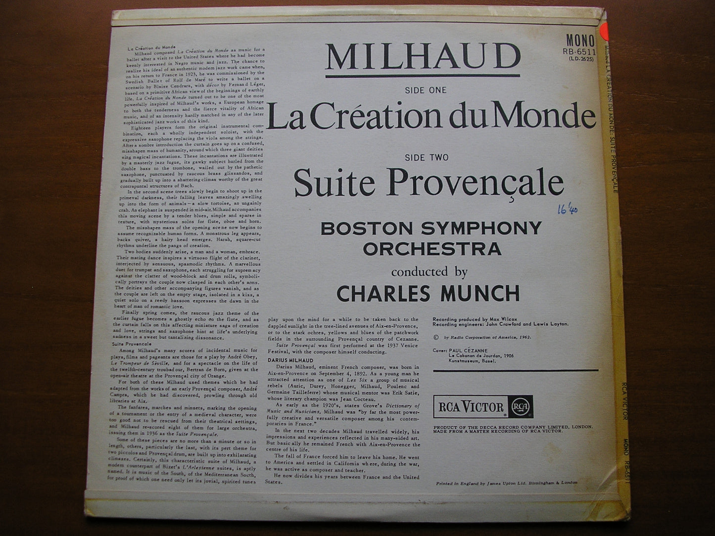 MILHAUD: LA CREATION DU MONDE / SUITE PROVENCALE MUNCH / BOSTON SYMPHONY SB 6511
