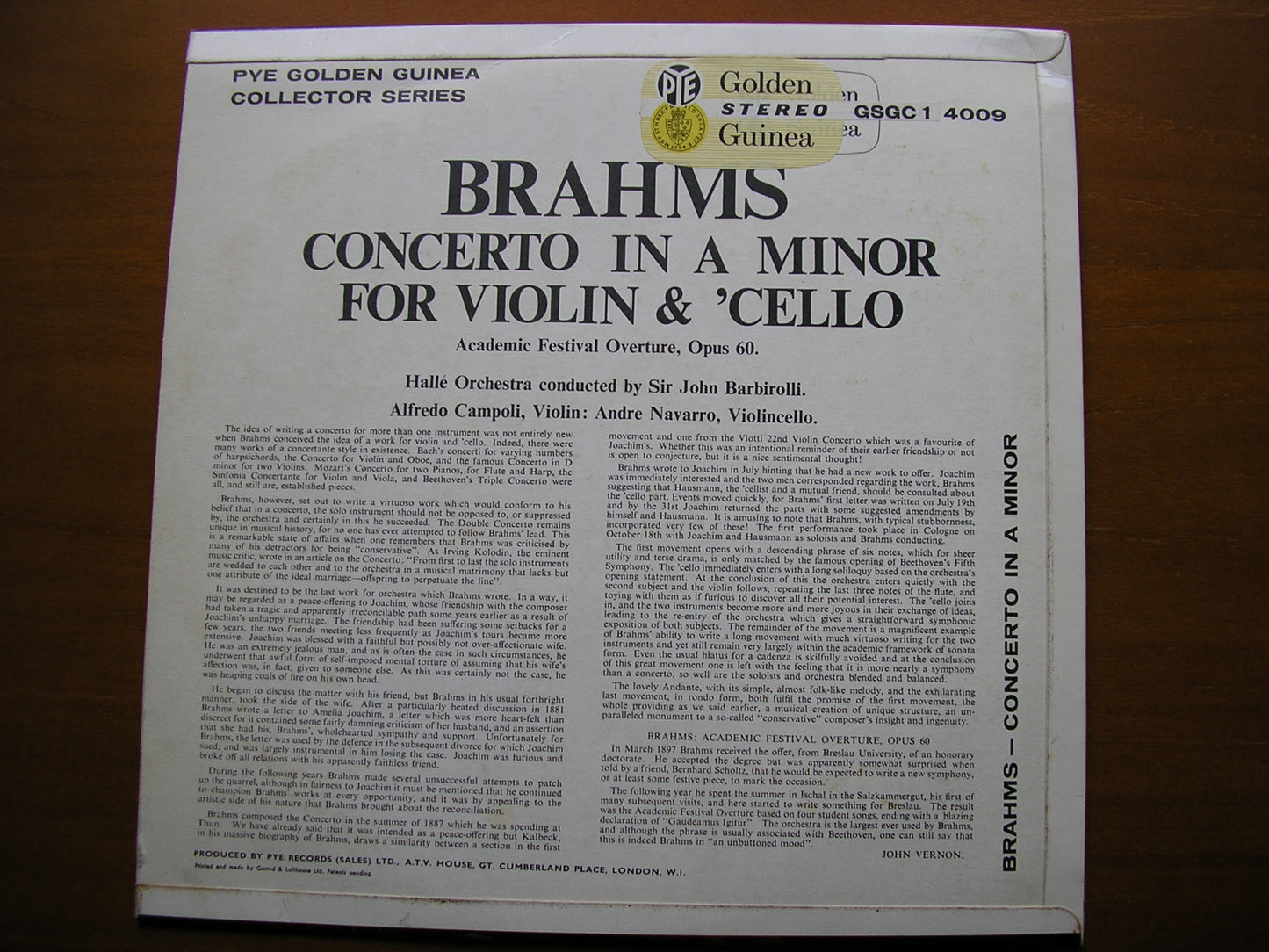 BRAHMS: CONCERTO FOR VIOLIN & CELLO CAMPOLI / NAVARRA / HALLE ORCHESTRA / BARBIROLLI GSGC 14009