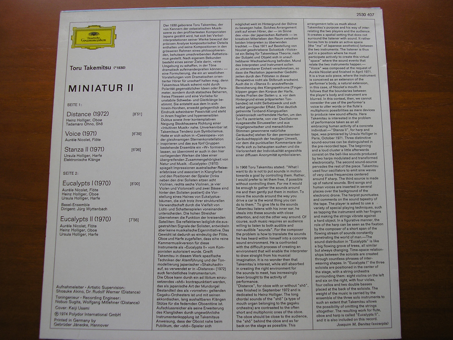 TAKEMITSU: MINIATUR II URSULA & HEINZ HOLLIGER / AURELE NICOLET / TADAMARO OHNO / BASLE ENSEMBLE / WYTTENBACH 2530 407