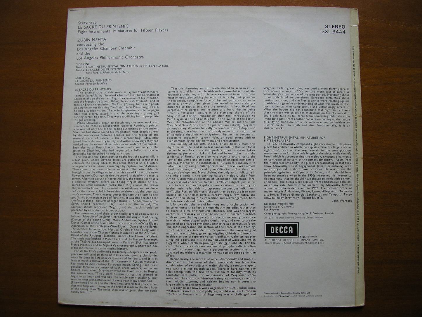 SXL 6444 STRAVINSKY: THE RITE OF SPRING / 8 INSTRUMENTAL MINIATURES MEHTA / LOS ANGELES PHILHARMONIC ED4