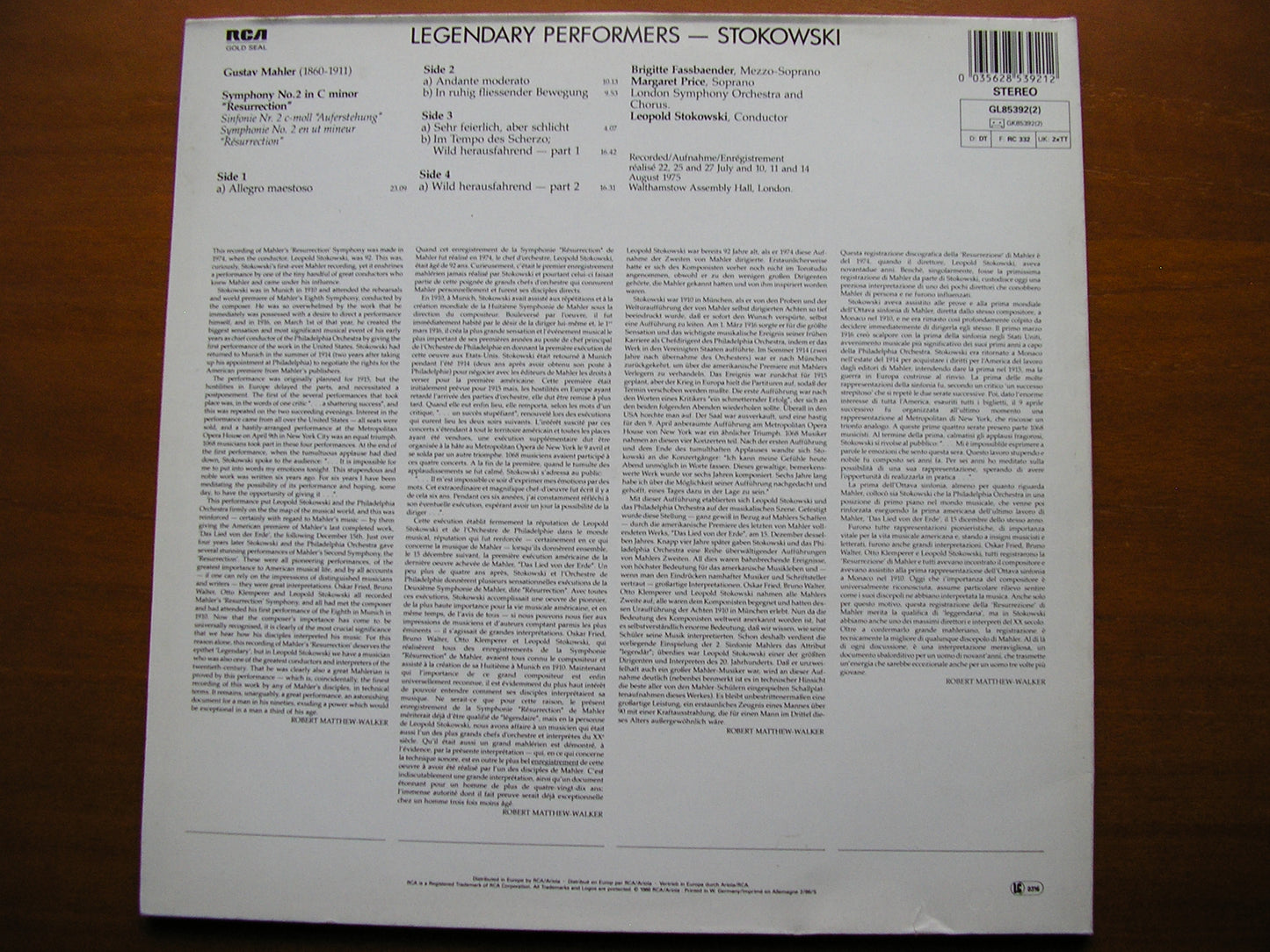 MAHLER: SYMPHONY No. 2 'Resurrection' FASSBAENDER / PRICE / LONDON SYMPHONY / STOKOWSKI 2LP GL 85392