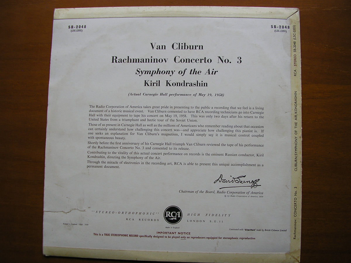 RACHMANINOV: PIANO CONCERTO No. 3 VAN CLIBURN / SYMPHONY OF THE AIR / KONDRASHIN SB 2048