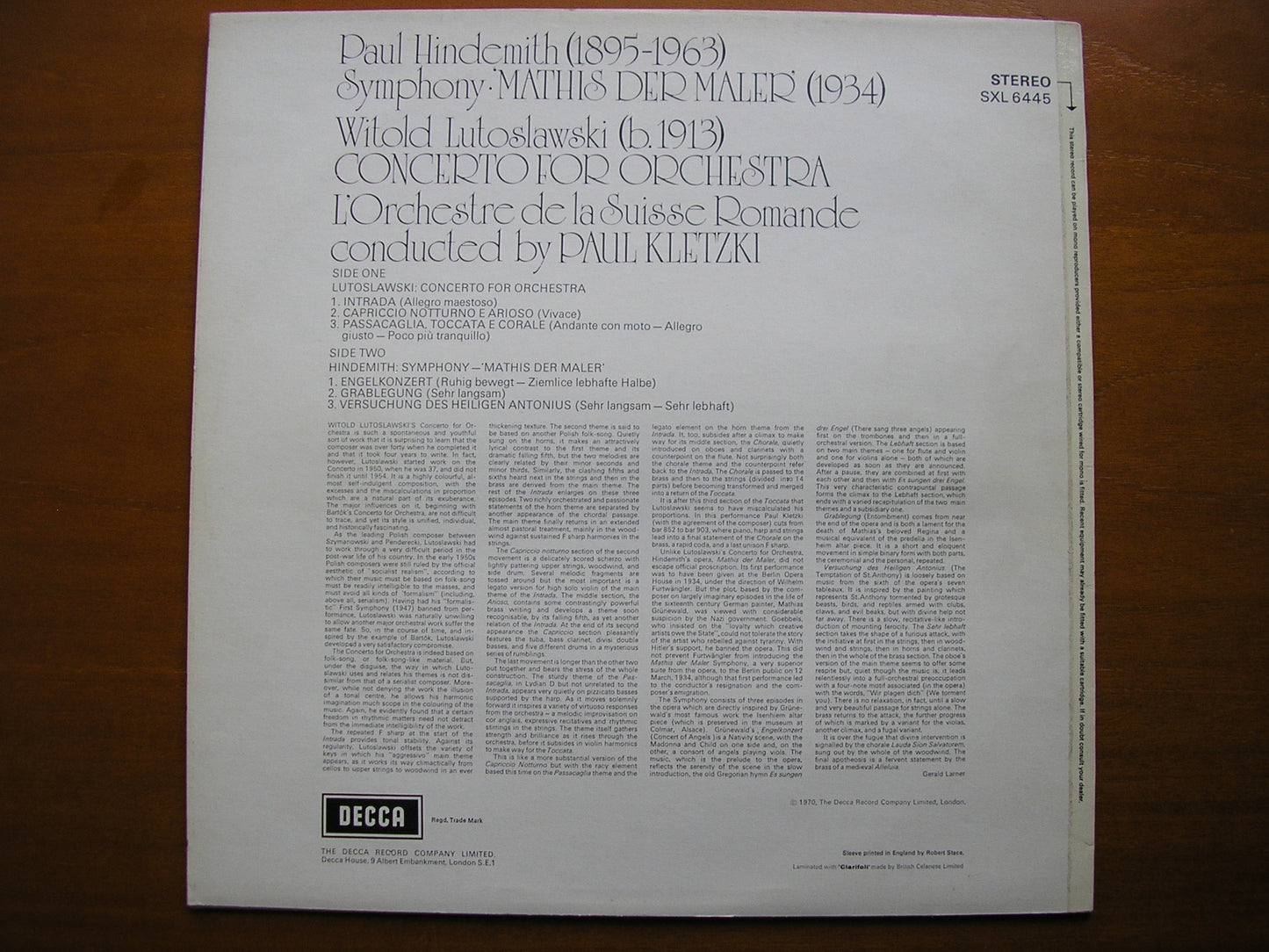 SXL 6445 HINDEMITH: MATHIS DER MALER / LUTOSLAWSKI: CONCERTO FOR ORCHESTRA / SUISSE ROMANDE / KLETZKI ED4