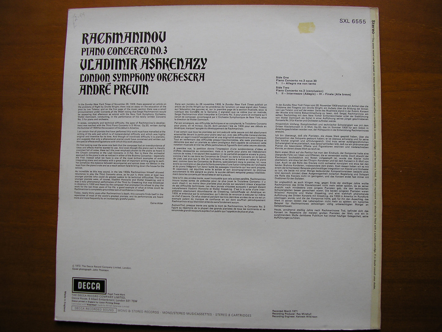 RACHMANINOV: PIANO CONCERTO No. 3 ASHKENAZY / LONDON SYMPHONY / PREVIN SXL 6555