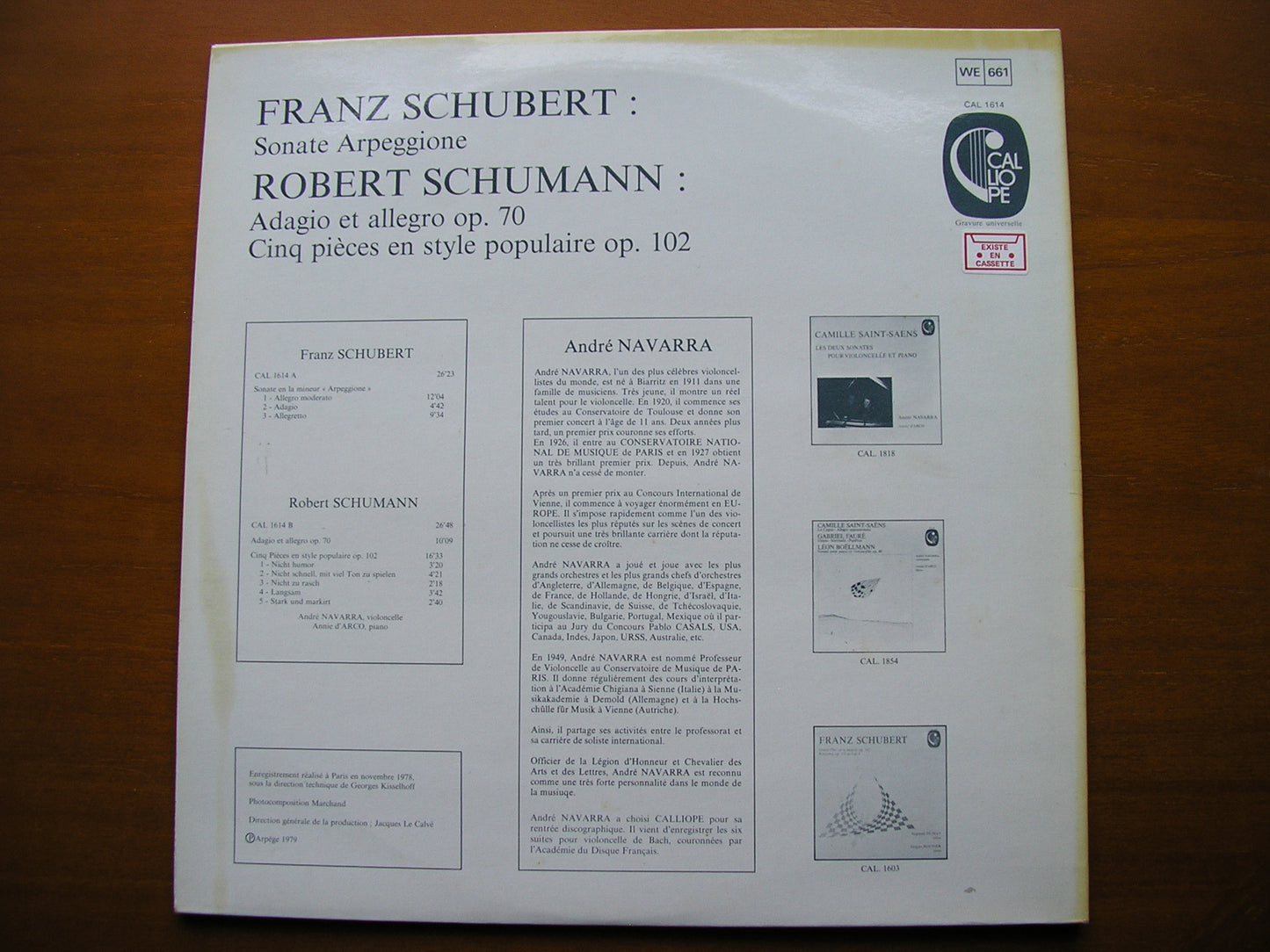 SCHUBERT: ARPEGGIONE SONATA / SCHUMANN: ADAGIO & ALLEGRO Op. 70 / FIVE PIECES Op. 102 NAVARRA / d'ARCO CAL 1614