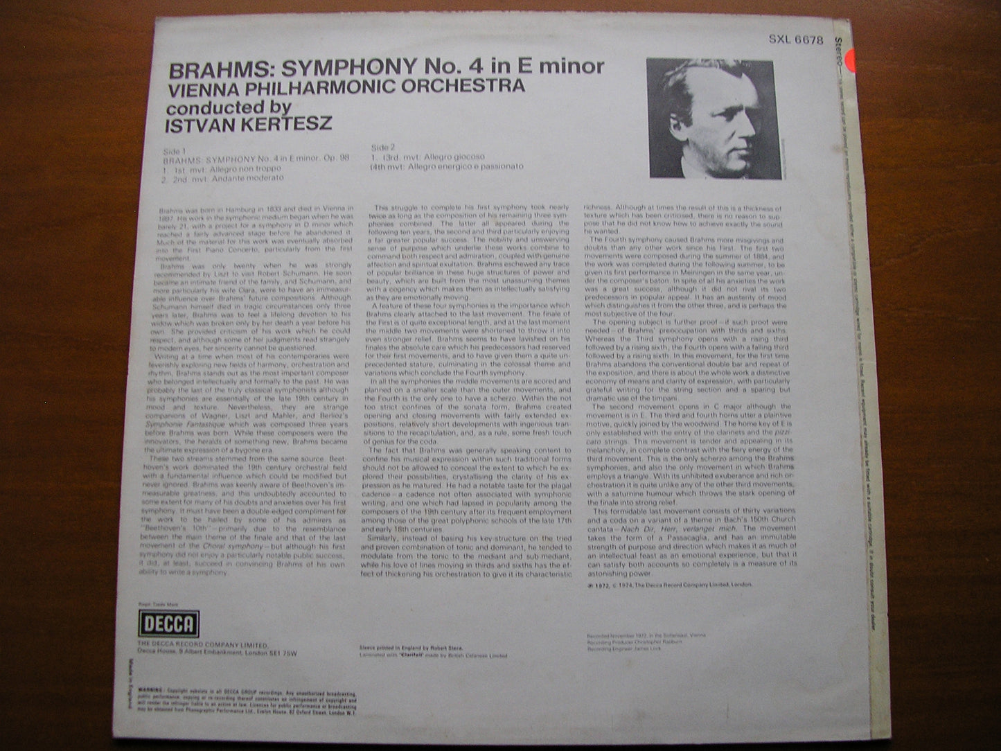 BRAHMS: SYMPHONY No. 4 KERTESZ / VIENNA PHILHARMONIC test pressing SXL 6678