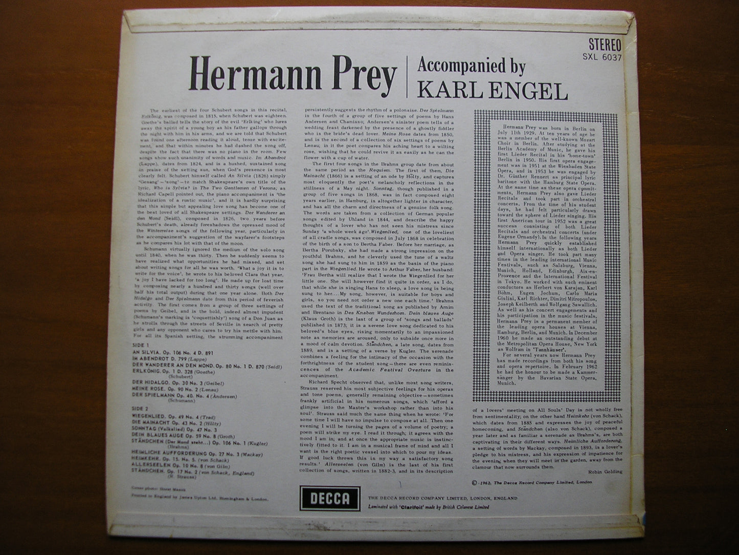 SXL 6037 HERMANN PREY SINGS SCHUBERT / SCHUMANN / BRAHMS / STRAUSS KARL ENGEL ED1