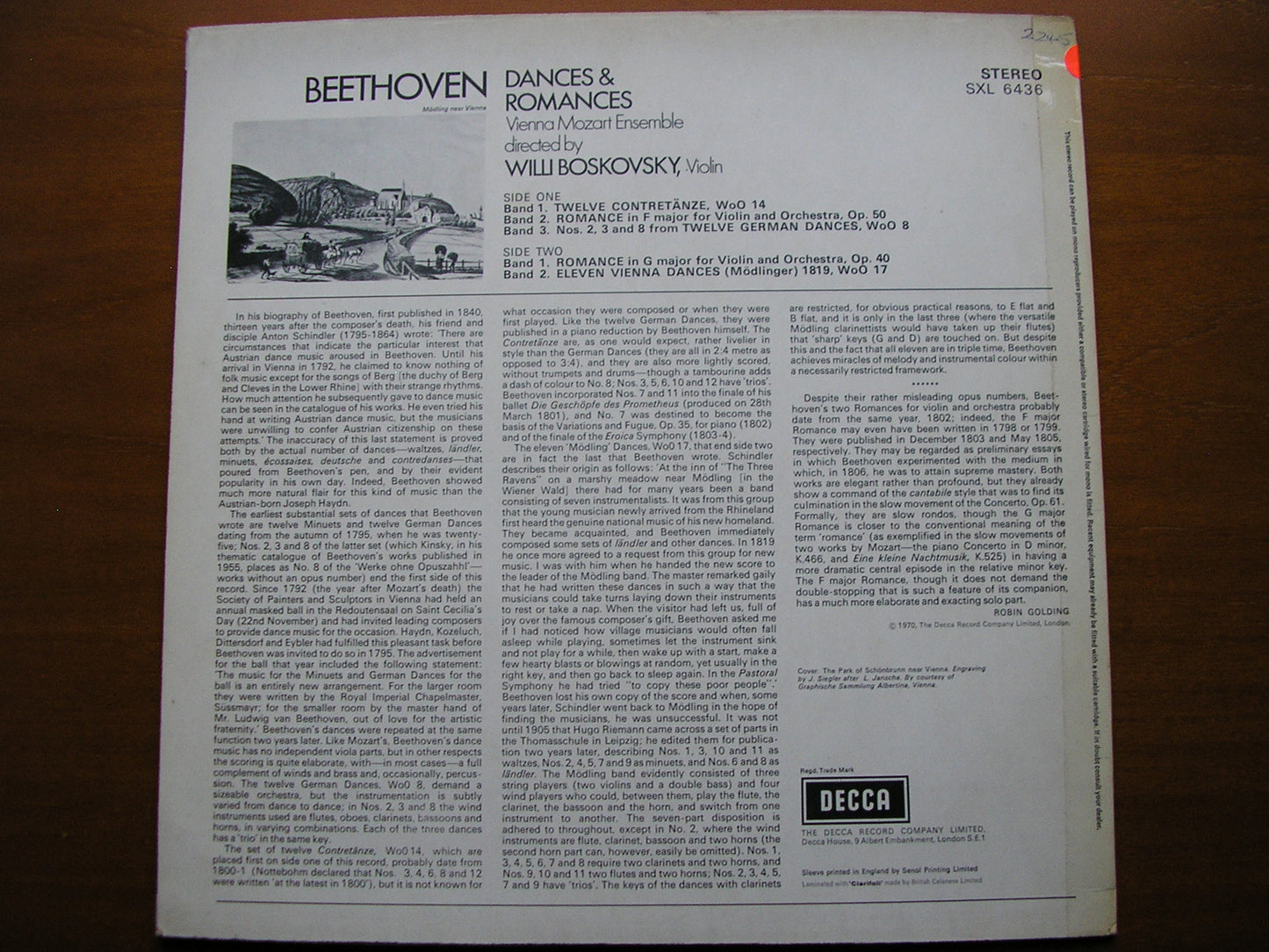 BEETHOVEN: DANCES & ROMANCES VIENNA MOZART ENSEMBLE / BOSKOVSKY test pressing SXL 6436