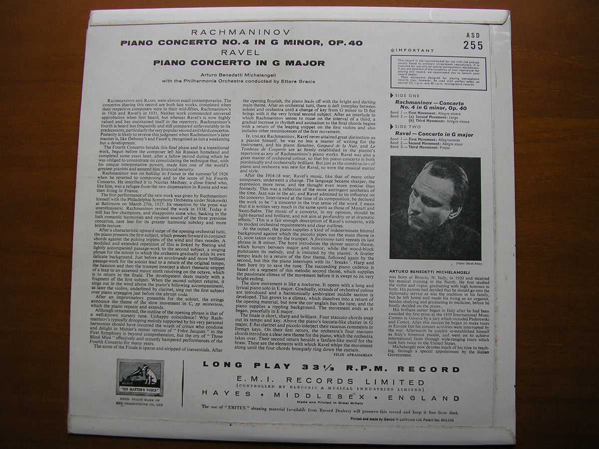 RACHMANINOV: PIANO CONCERTO No. 4 / RAVEL: CONCERTO in G MICHELANGELI / PHILHARMONIA / GRACIS ASD 255