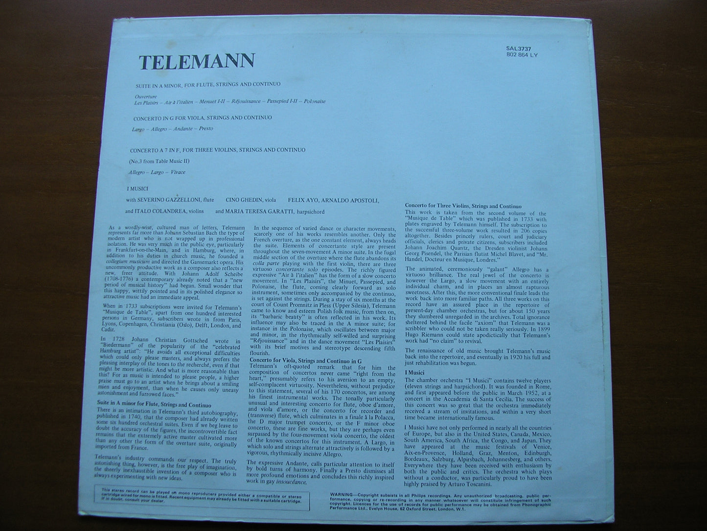 TELEMANN: SUITE in A / CONCERTO in G / CONCERTO A 7 SOLOISTS / I MUSICI SAL 3737