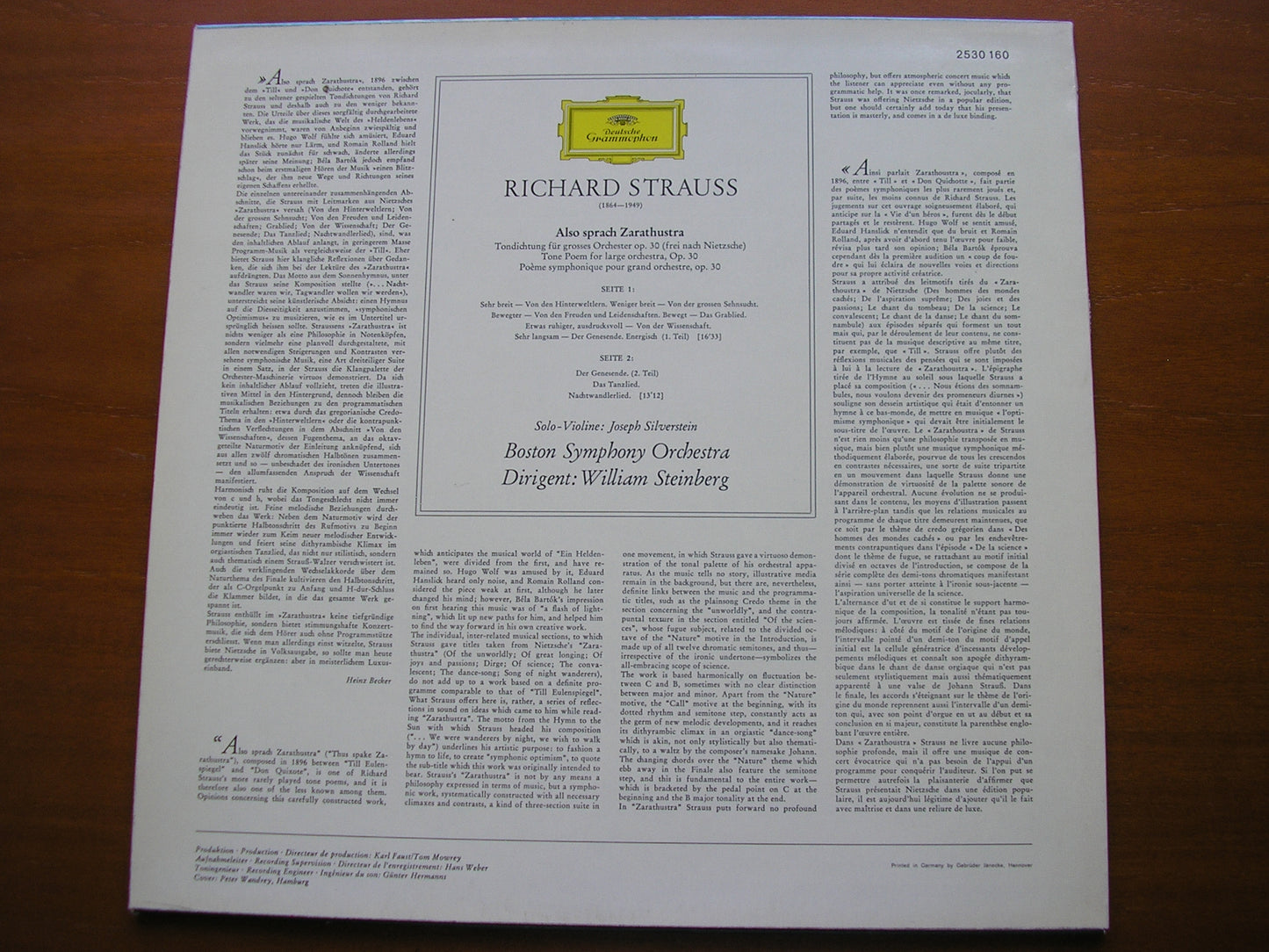 STRAUSS: ALSO SPRACH ZARATHUSTRA STEINBERG / BOSTON SYMPHONY 2530 160