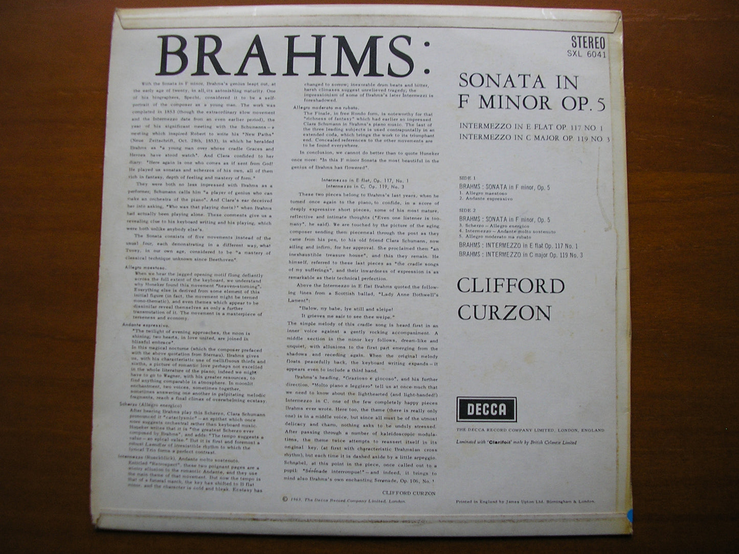 SXL 6041 BRAHMS: PIANO SONATA in F / TWO INTERMEZZI CLIFFORD CURZON ED1