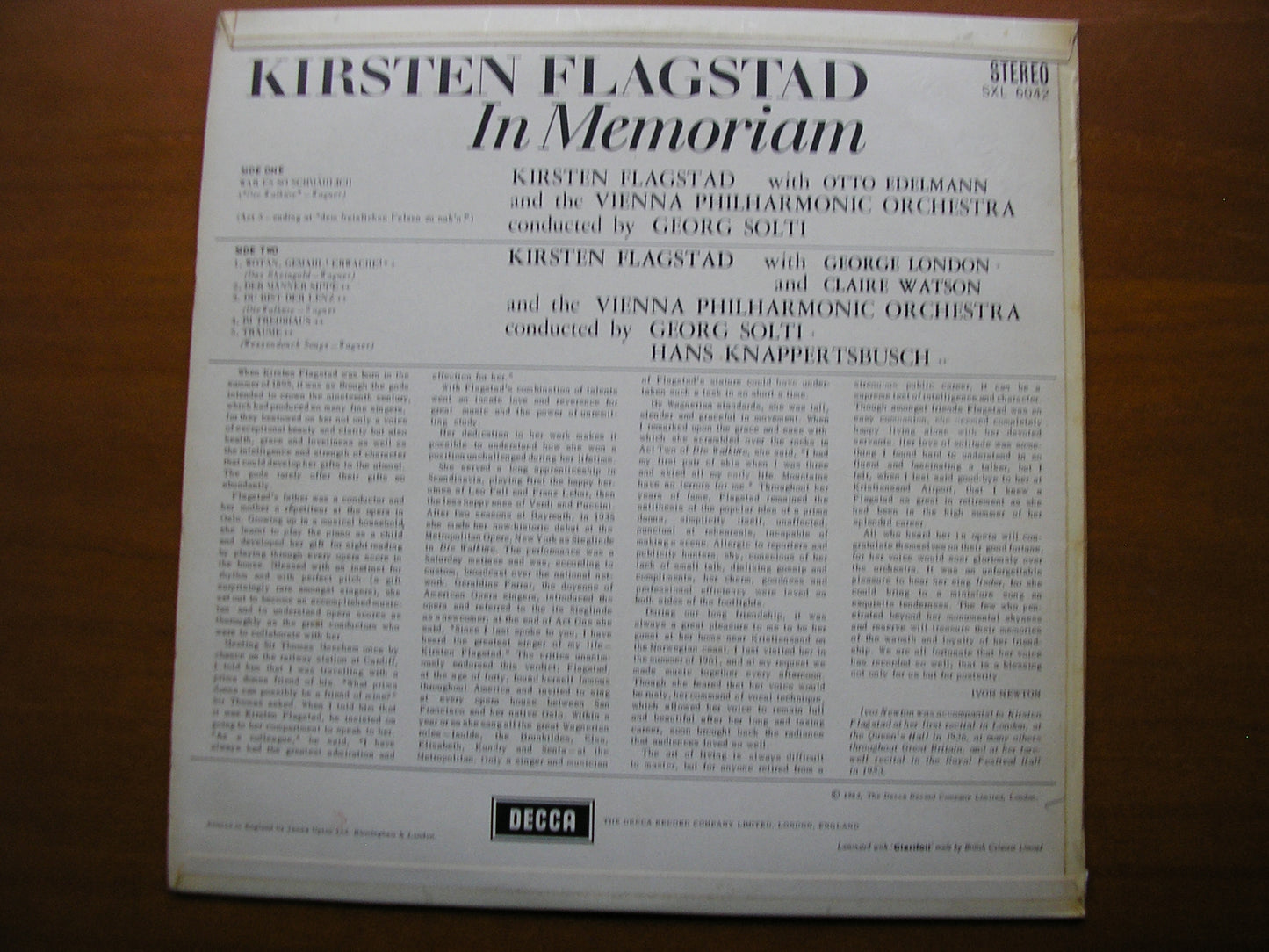 SXL 6042 KIRSTEN FLAGSTAD IN MEMORIAM: WAGNER Songs / Opera excerpts VIENNA PHILHARMONIC / SOLTI / KNAPPERTSBUSCH ED1