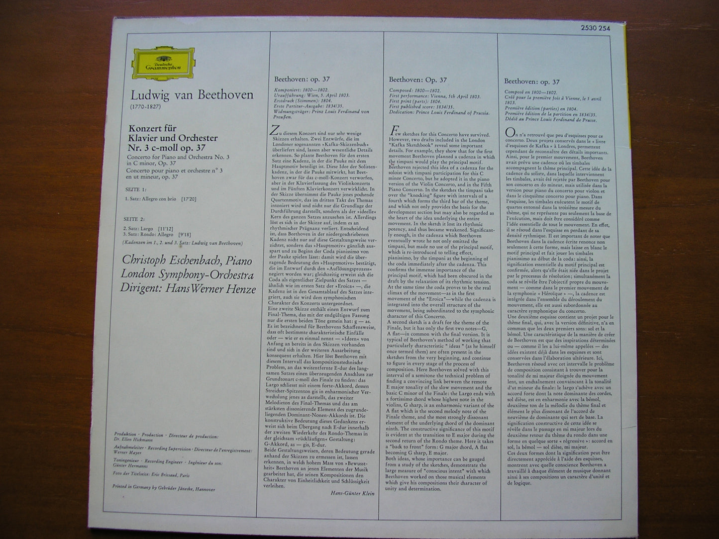BEETHOVEN: PIANO CONCERTO No. 3 ESCHENBACH / LONDON SYMPHONY / HENZE 2530 254