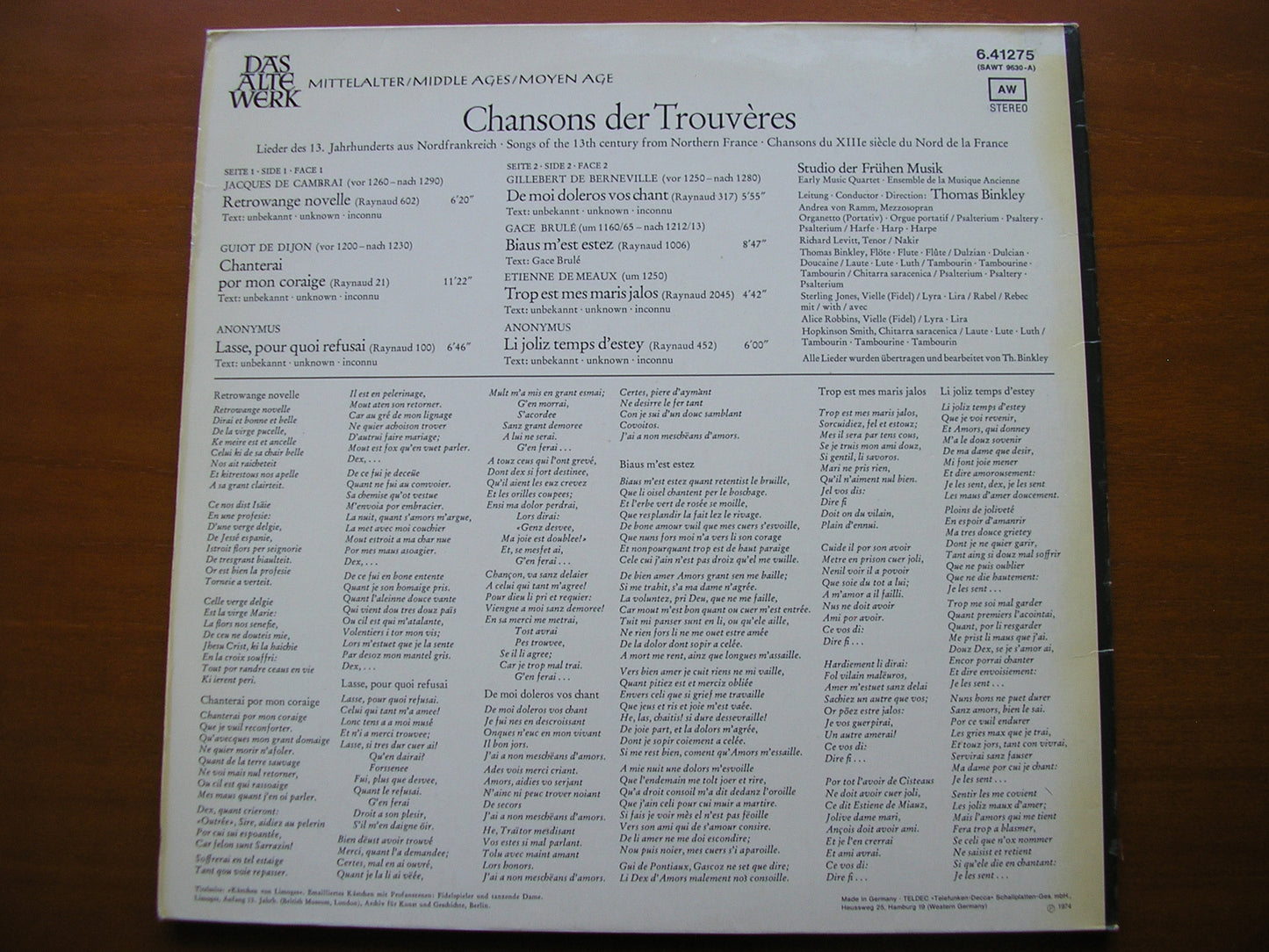 SONGS OF THE TROUVERES FROM THE 13th CENTURY       THE STUDIO OF EARLY MUSIC / BINKLEY    6.41275