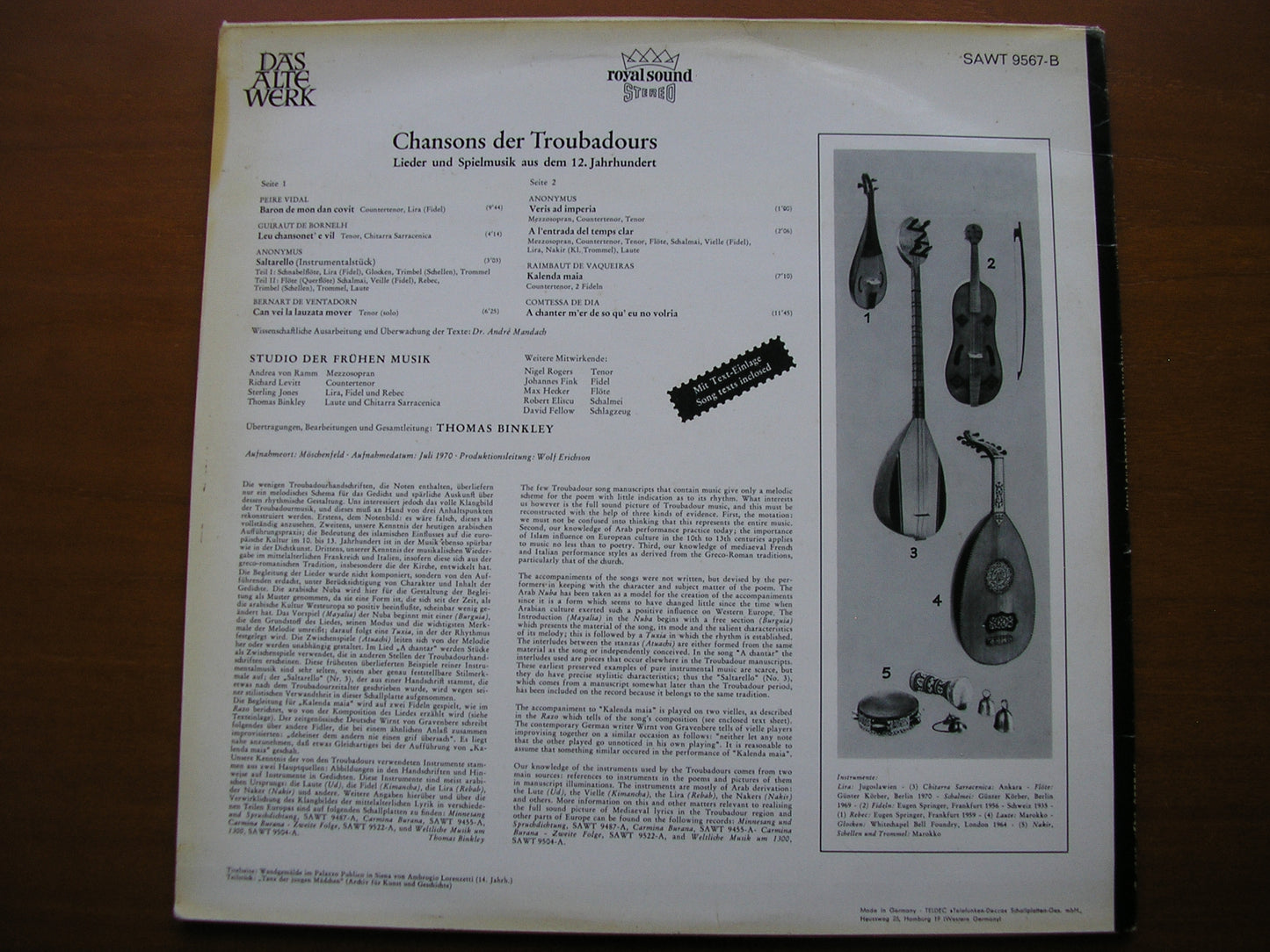 SONGS OF THE TROUBADORS FROM THE 12th CENTURY      THE STUDIO OF EARLY MUSIC / BINKLEY    SAWT 9567