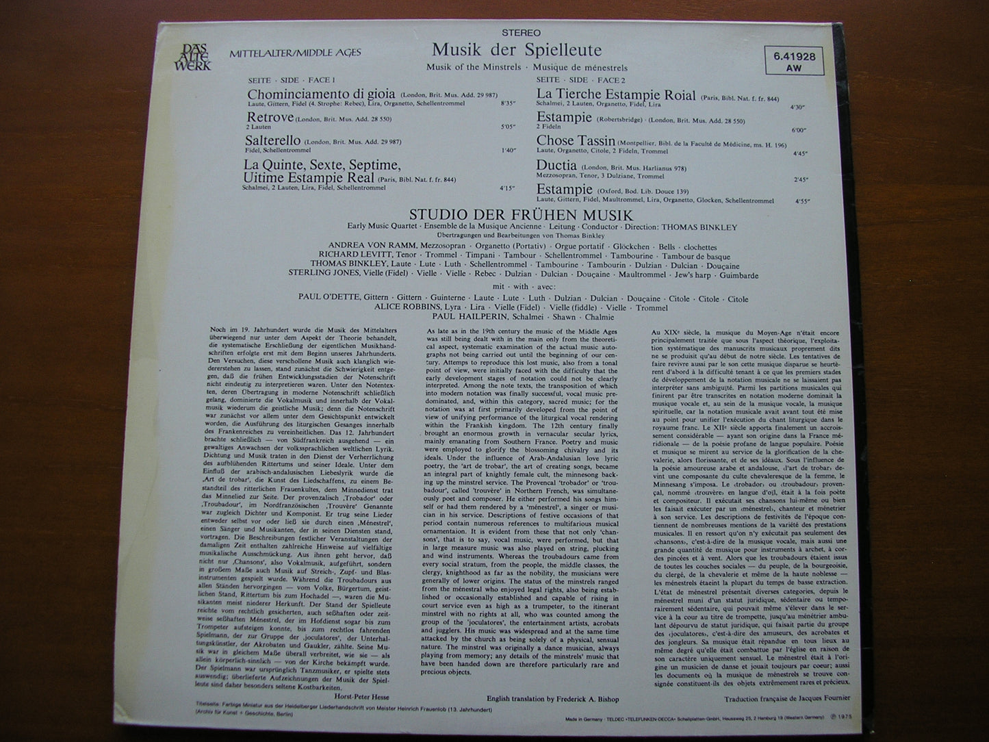MUSIC OF THE MINSTRELS FROM THE 12th & 13th CENTURIES      THE STUDIO OF EARLY MUSIC / BINKLEY      6.41928